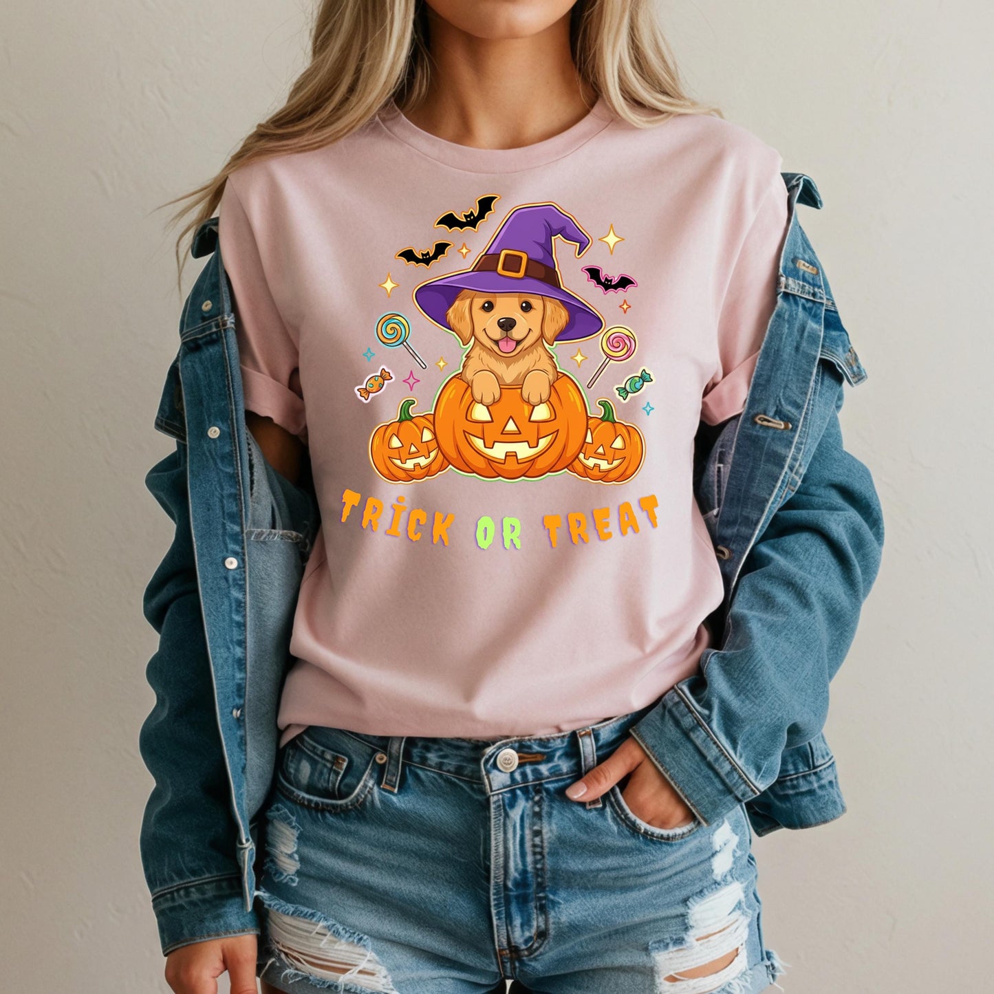 Halloween Puppy T-Shirt – Cute Golden Retriever Tee With Pumpkin, Witch Hat & Candy