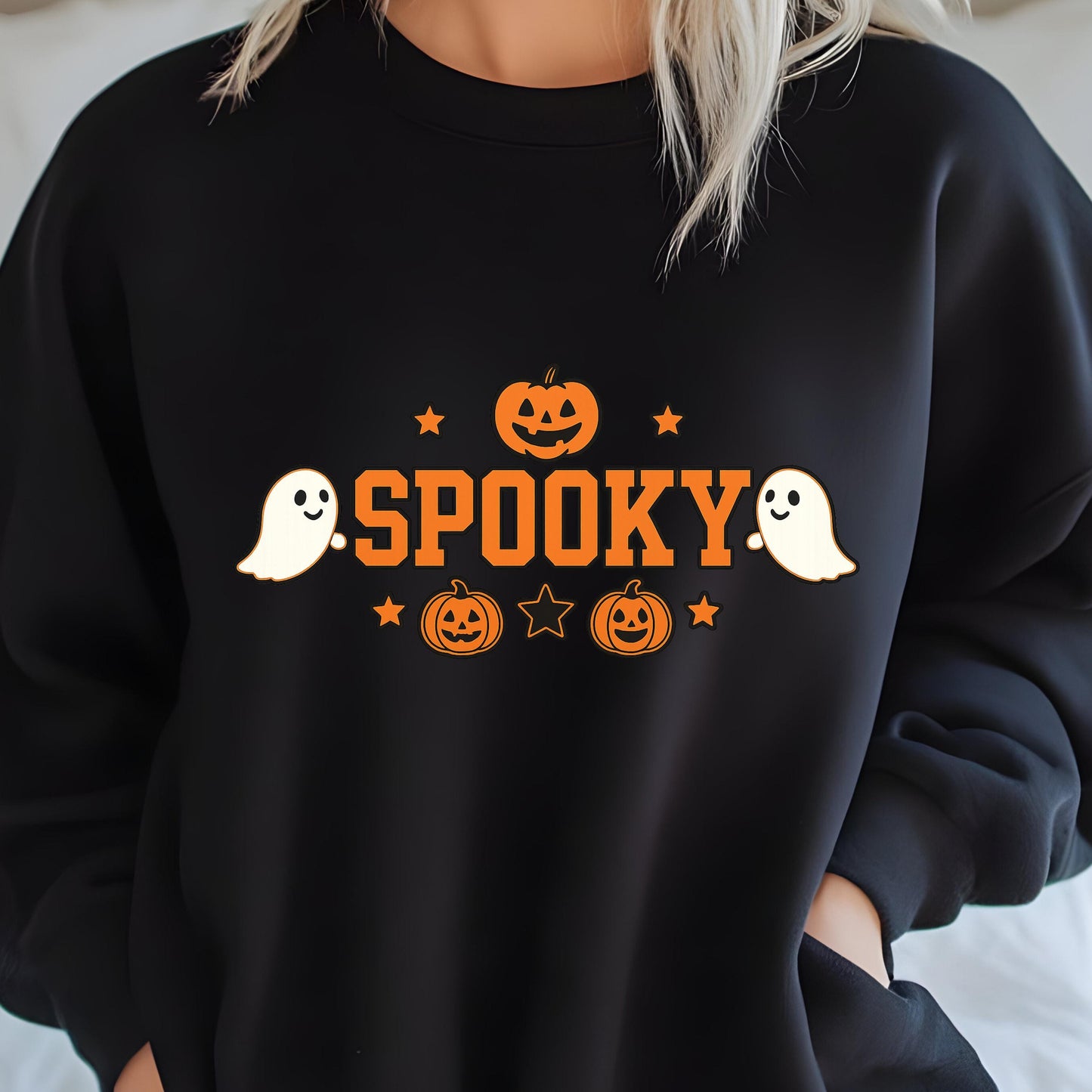Halloween Sweatshirt - Cozy Fall Pullover With Ghost Pumpkin Design & Spooky Style
