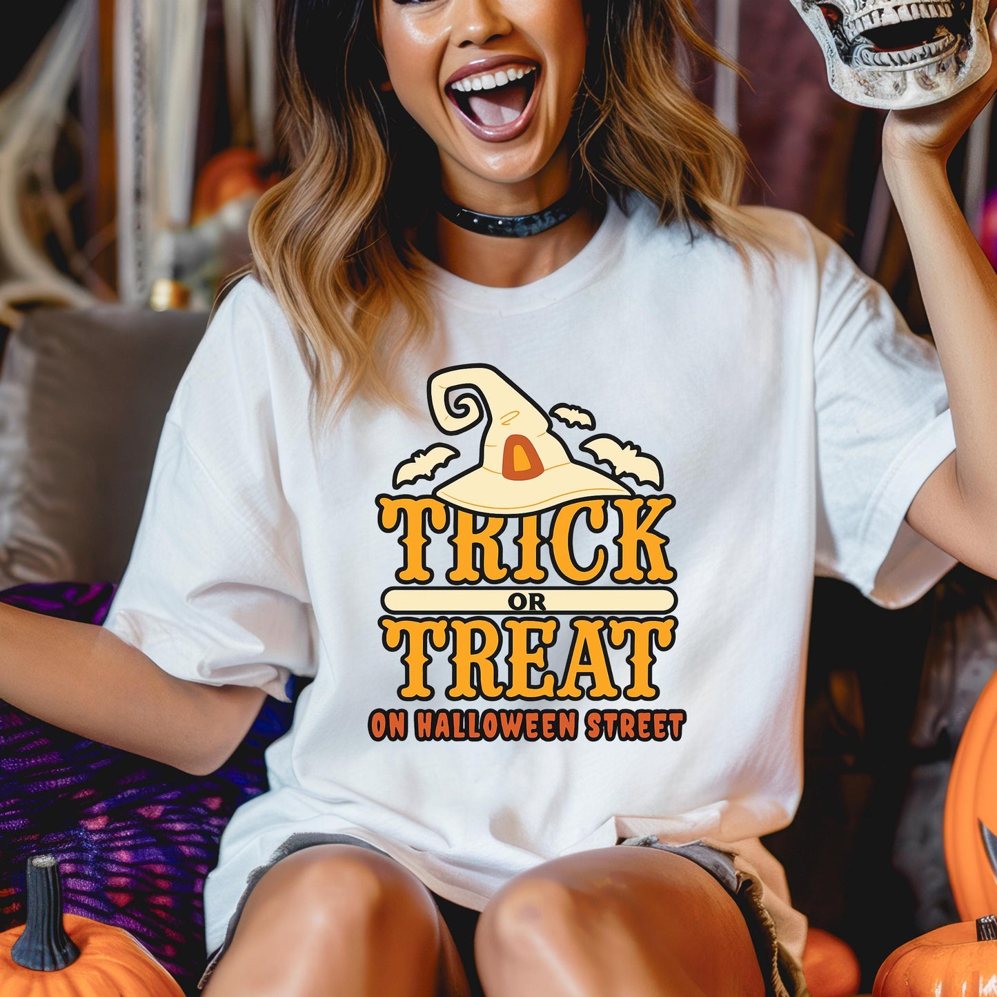 Halloween Graphic Tee – Vintage Witch Hat Shirt With Bats Outline | Cozy Fall Shirt