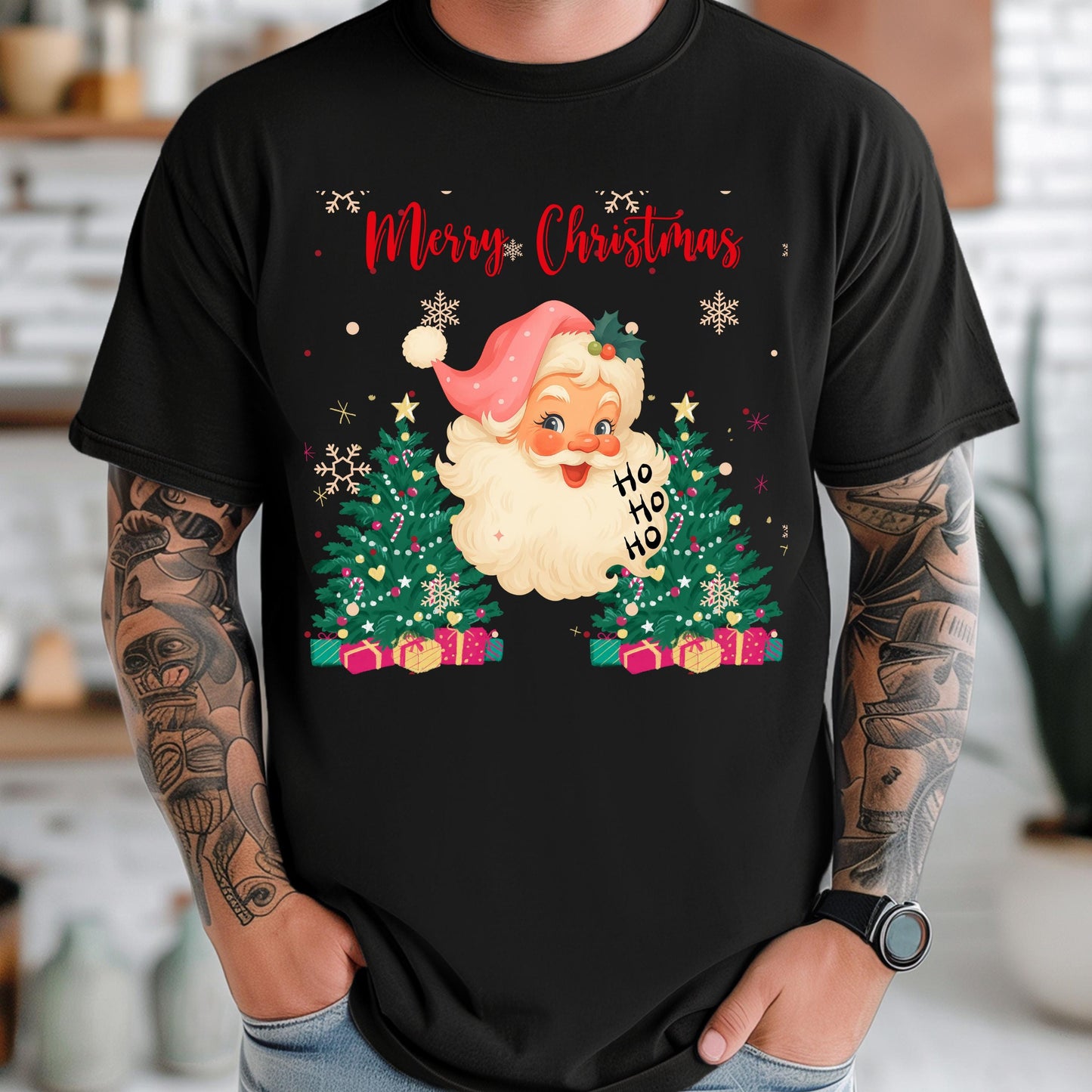 Retro Pink Santa Christmas T-Shirt: Vintage Holiday Graphic Tee