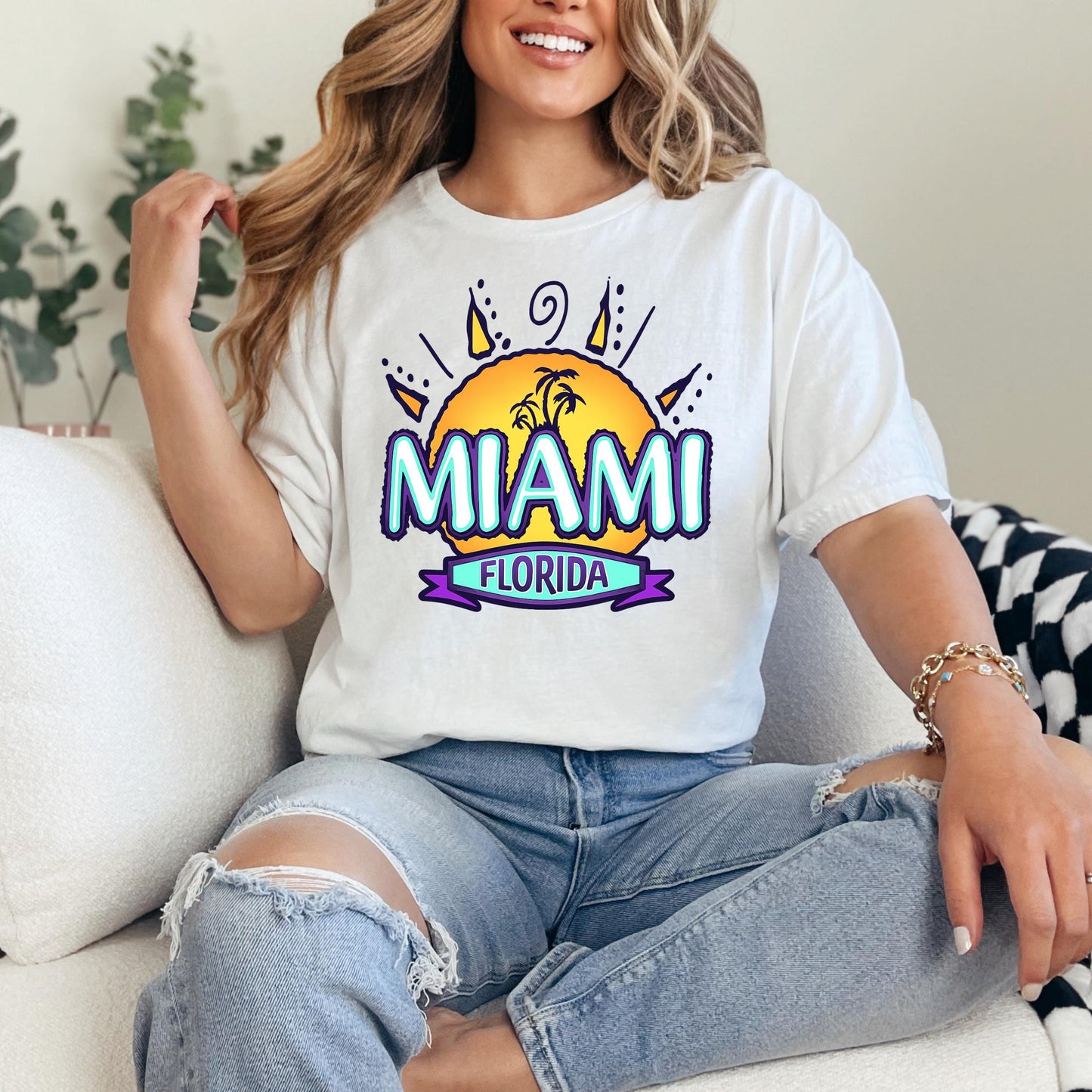 Retro Miami T Shirt – Vintage Graphic Tee With Palm Tree Design, Soft Cotton