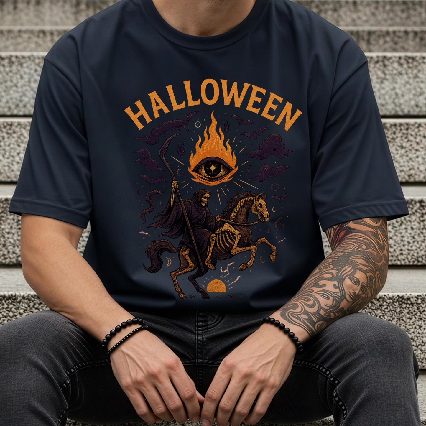 Gothic Skeleton Tee - Grim Reaper Design With Occult Eye Flames Shirt