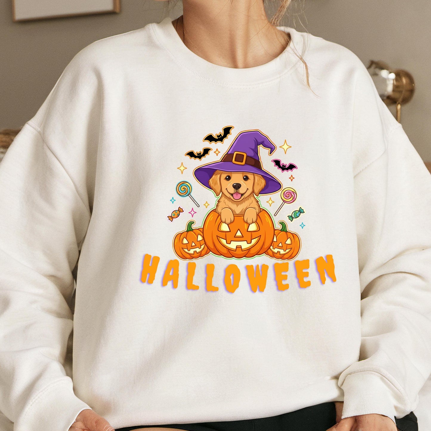 Halloween Puppy Sweatshirt - Golden Retriever Shirt | Witch Hat Pumpkin Pullover