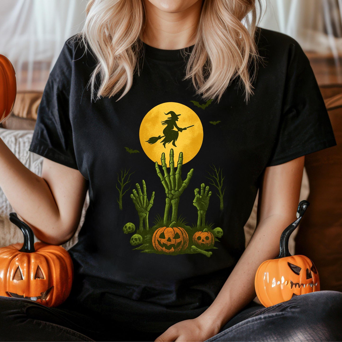 Witch Flying Halloween Shirt – Skeleton Pumpkin Tee | Full Moon Graphic Tee