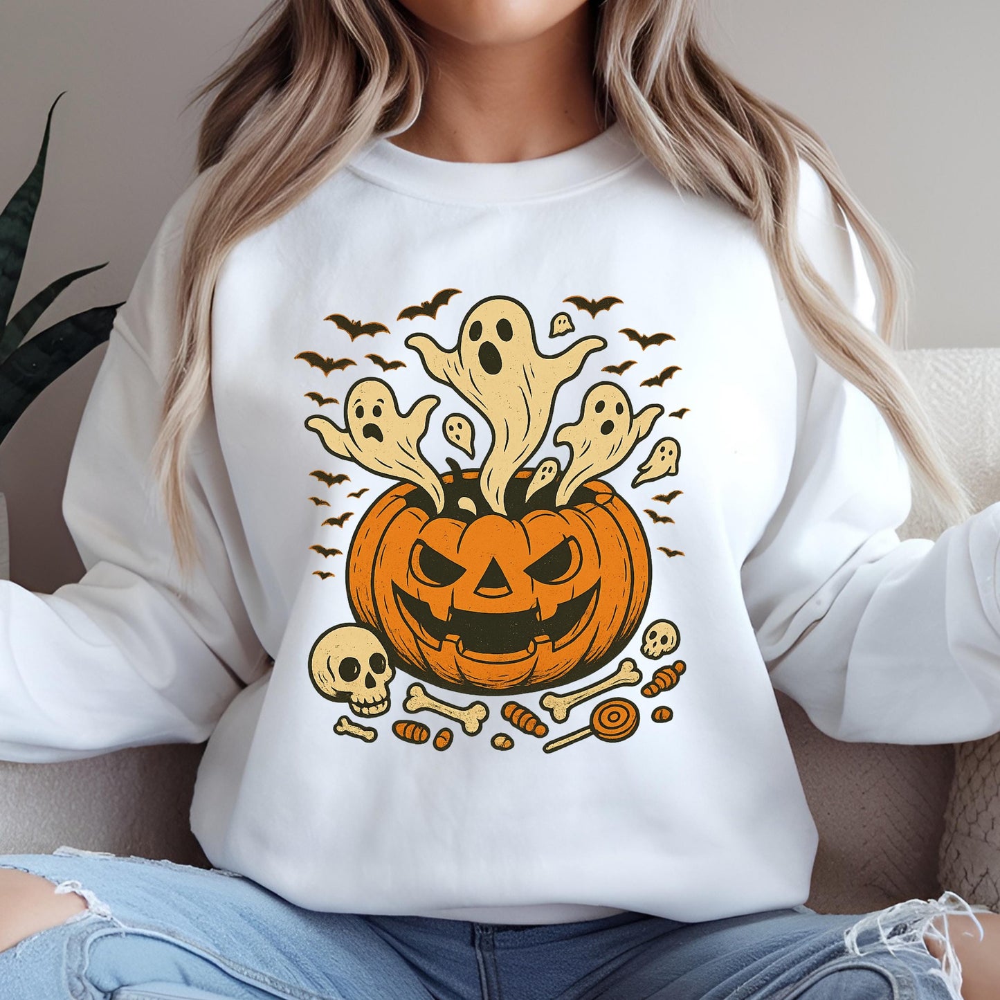 Spooky Halloween Hoodie – Cozy Autumn Hoodie With Bat And Skull Print