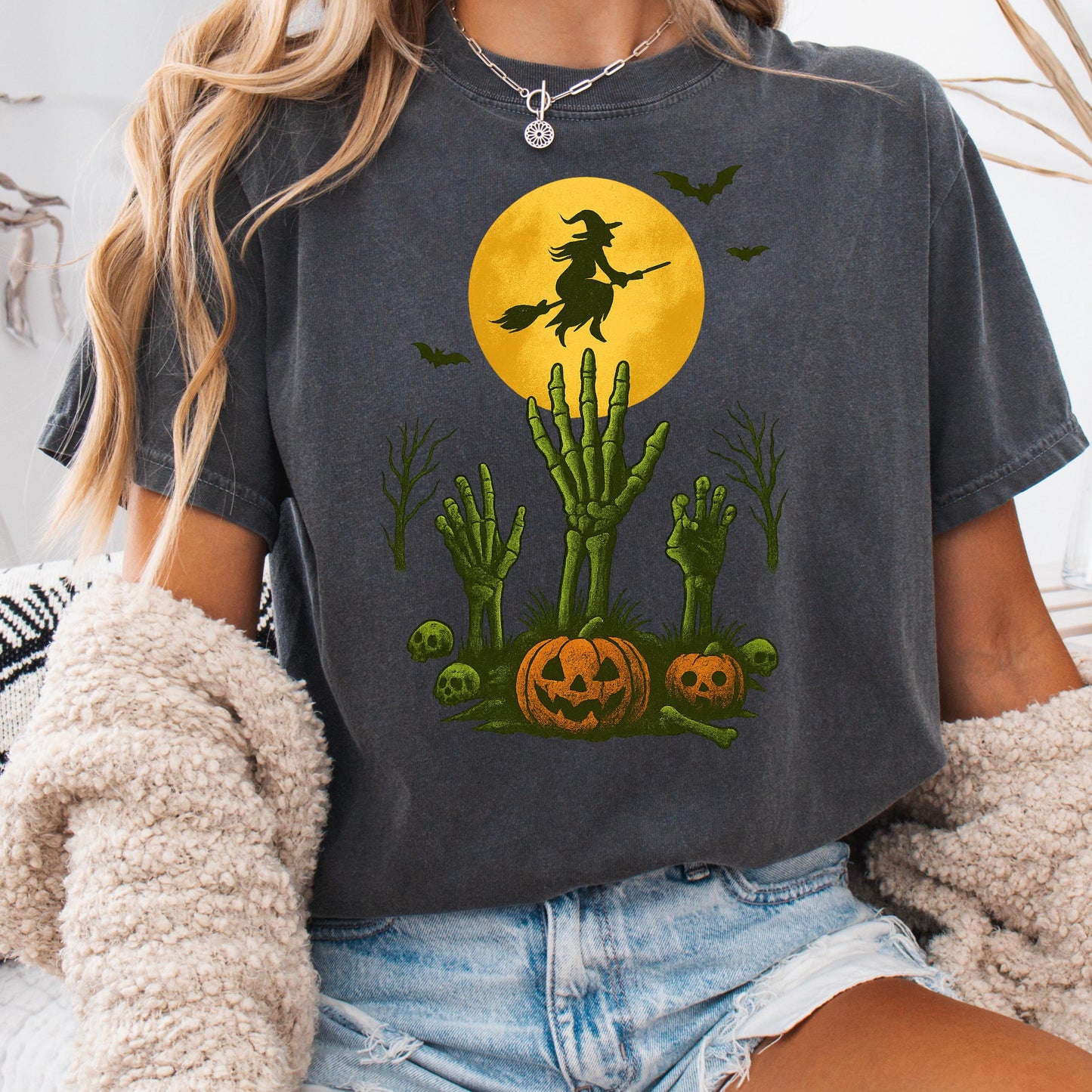 Witch Flying Halloween Shirt – Skeleton Pumpkin Tee | Full Moon Graphic Tee