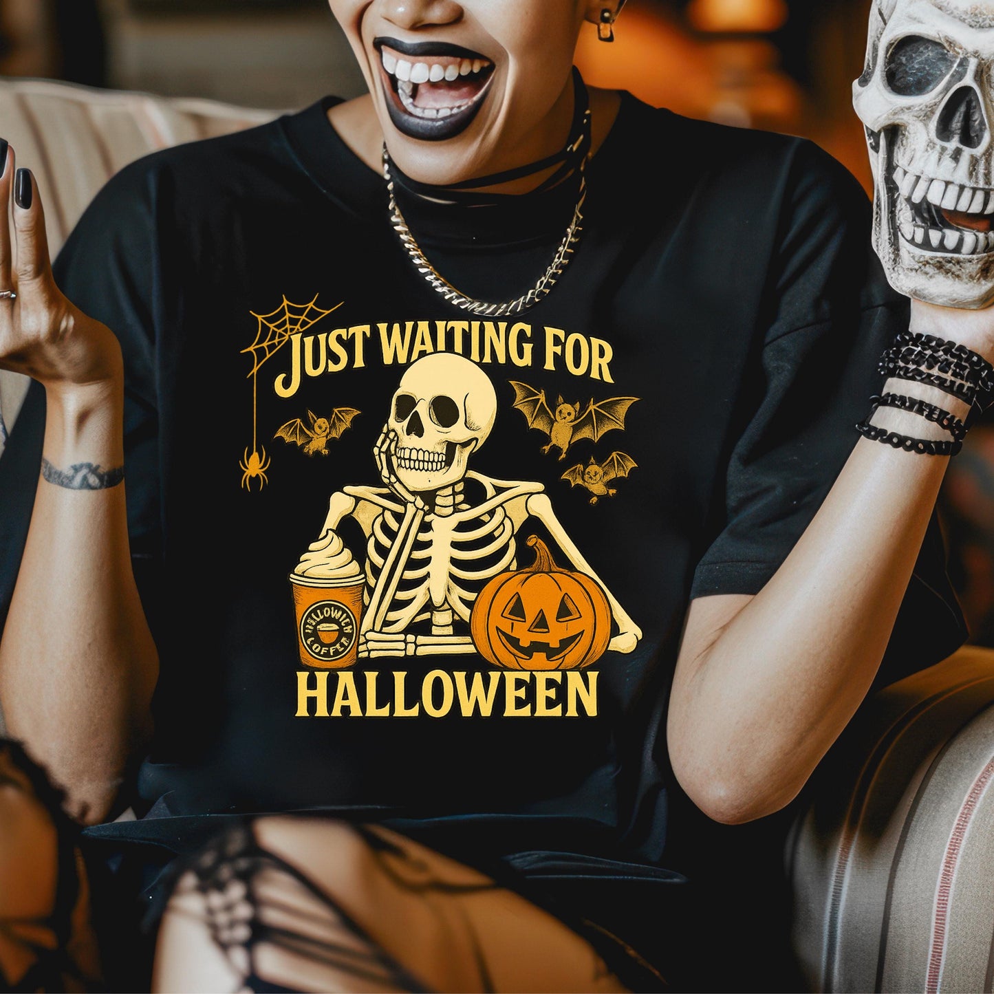 Funny Skeleton Halloween Shirt - Retro Coffee Pumpkin Tee | Soft Cotton, Unisex Fit