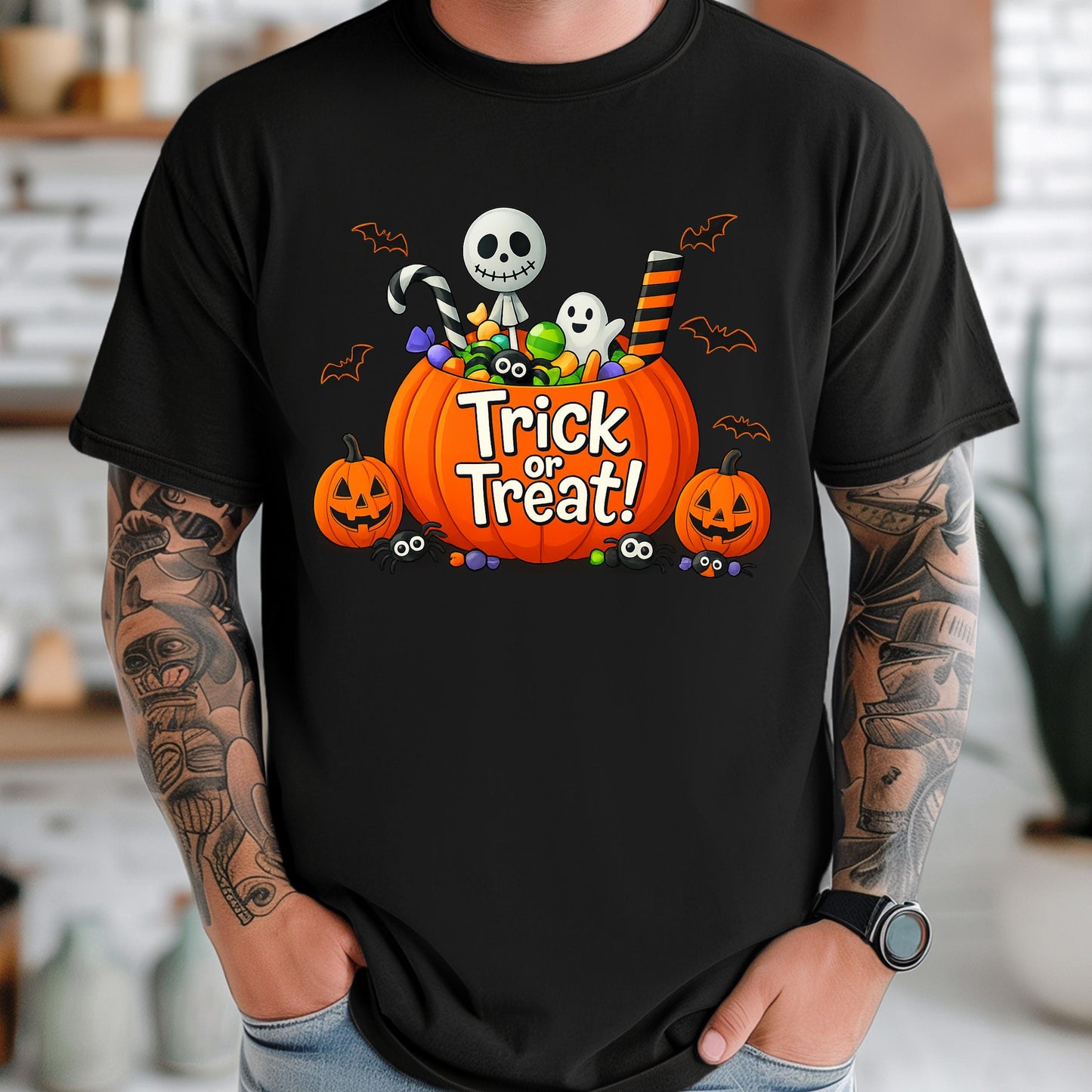 Trick Or Treat Shirt – Halloween Pumpkin Shirt With Ghost & Skull Candy Bucket Tee