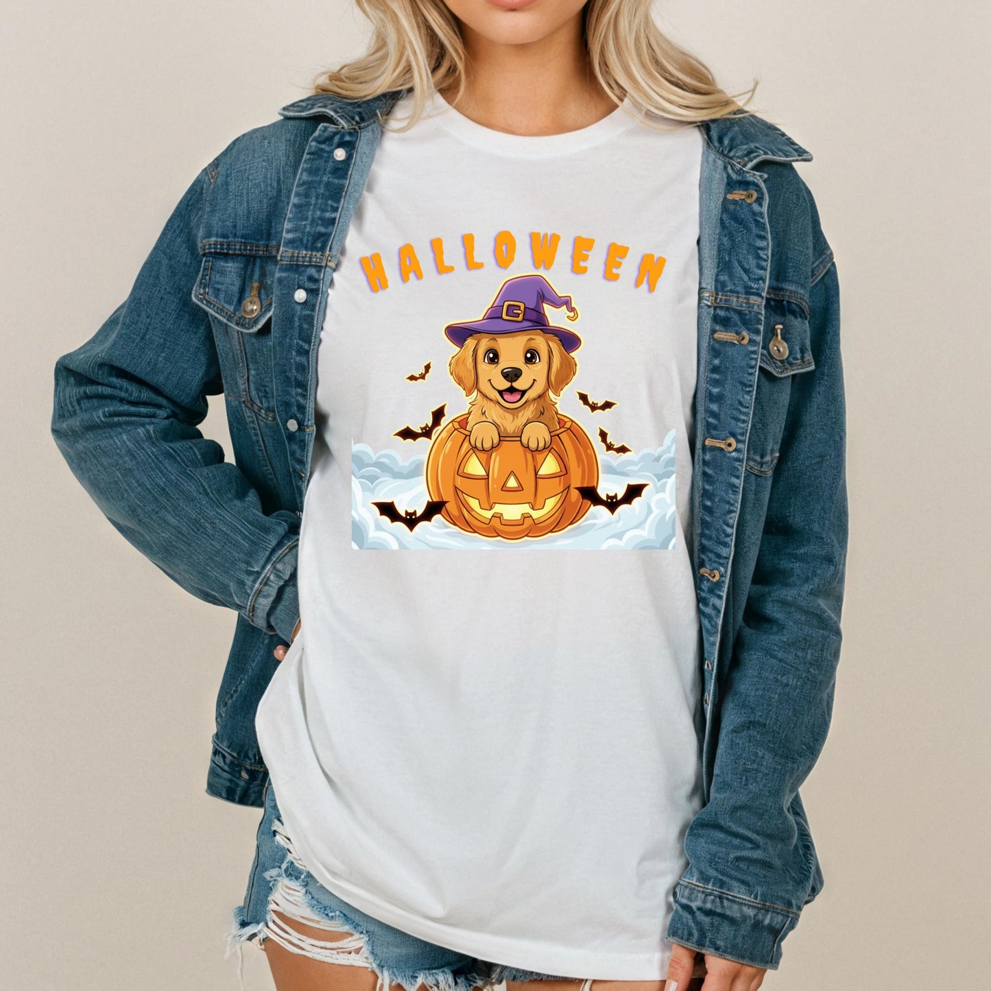 Halloween Puppy T-Shirt – Cute Pumpkin Dog T-Shirt With Golden Retriever & Witch Hat