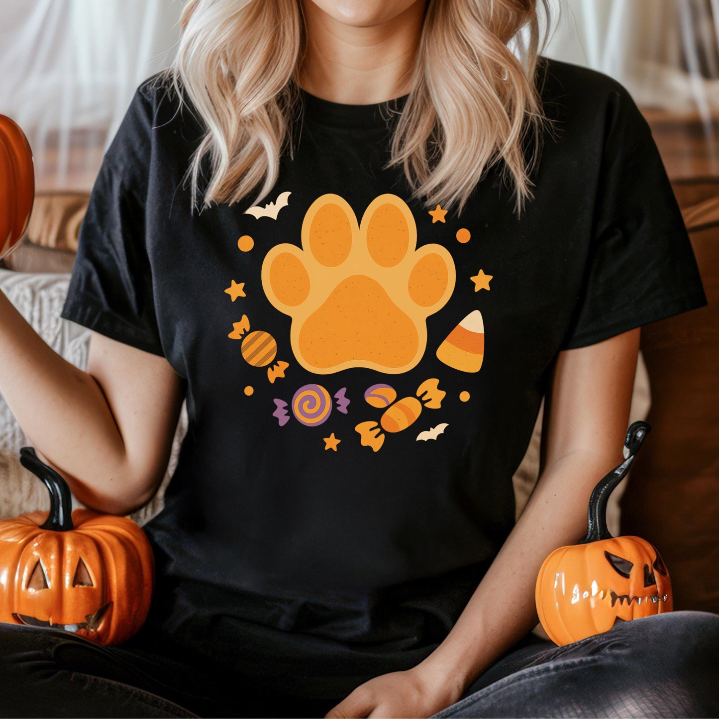 Halloween Cat Paw Shirt – Spooky Bat & Candy Design | Soft Cotton Tee