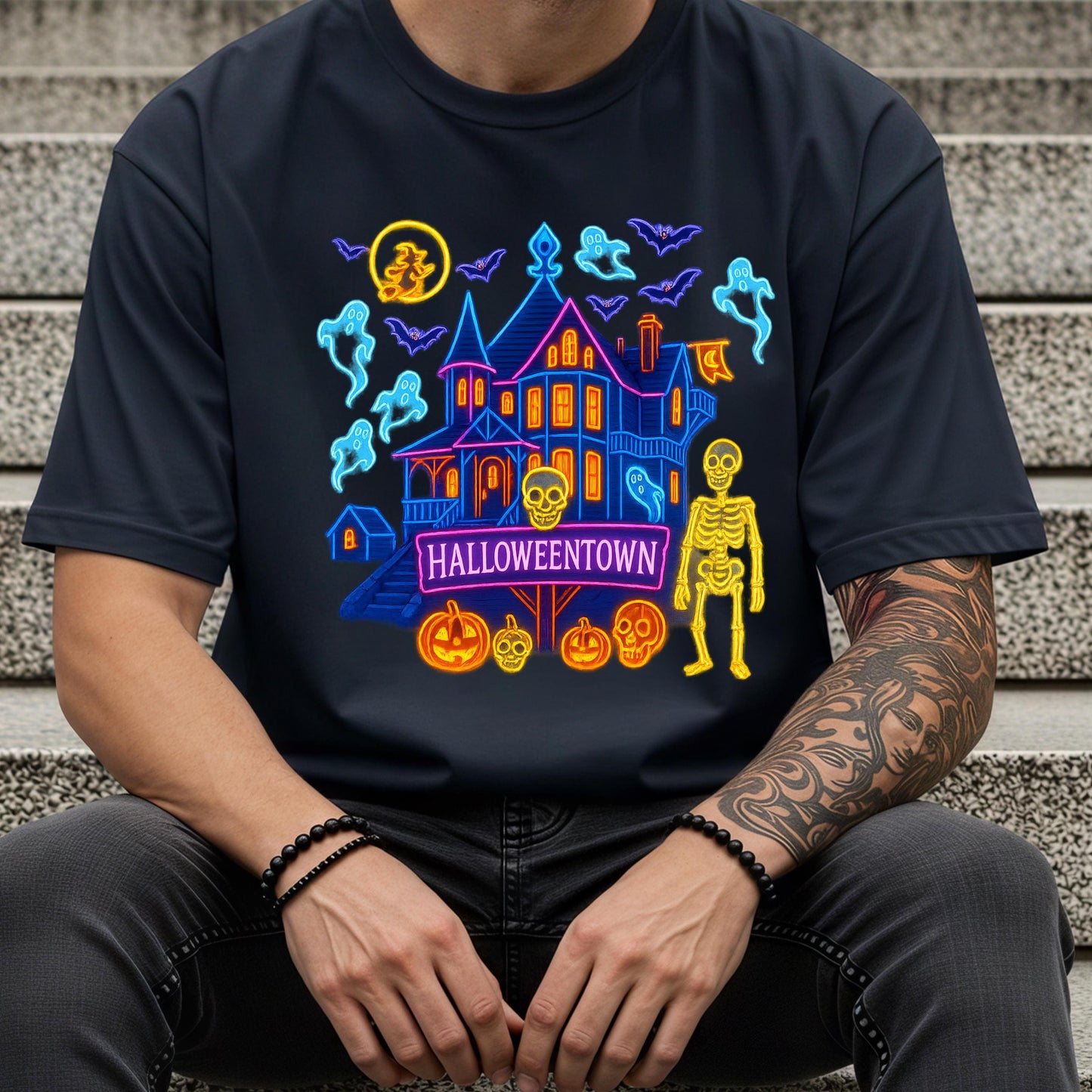 Neon Halloweentown T-Shirt – Glow In Dark Haunted House Graphic Tee