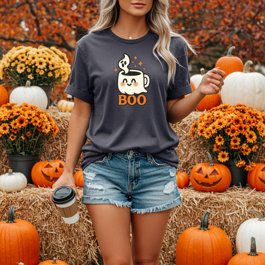 Halloween Coffee Tee – Cute Ghost Shirt With Boo Mug Design | Soft Cotton