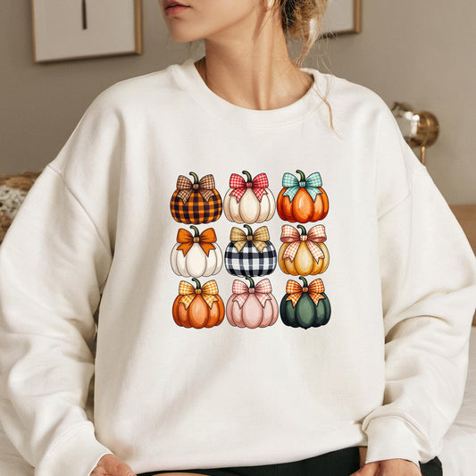 Plaid Pumpkin Sweatshirt – Cozy Autumn Crewneck With Gingham Bow Design