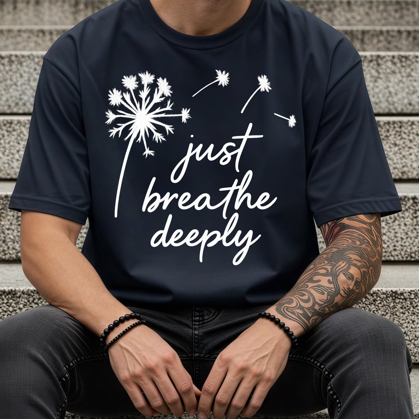 Motivational Black Tee – Minimalist Shirt with Just Breathe Calming Message