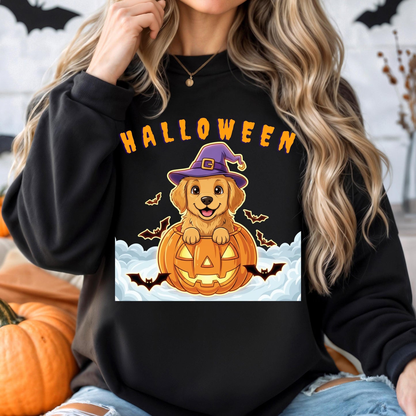 Halloween Puppy Sweatshirt - Cozy Autumn Sweatshirt with Golden Retriever Pumpkin Design