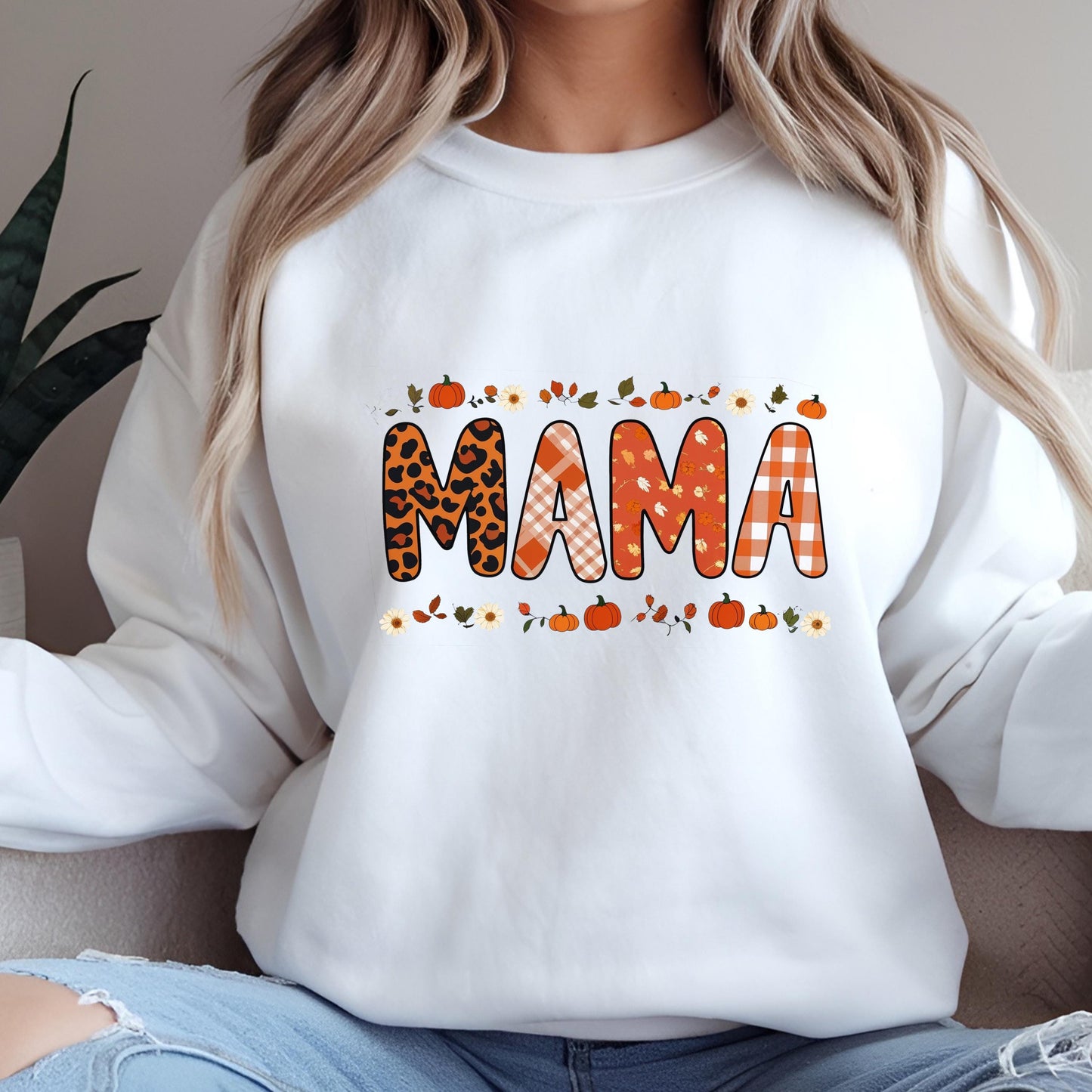 Fall Mama Sweatshirt – Cozy Pumpkin Plaid Leopard Print Crewneck Sweater