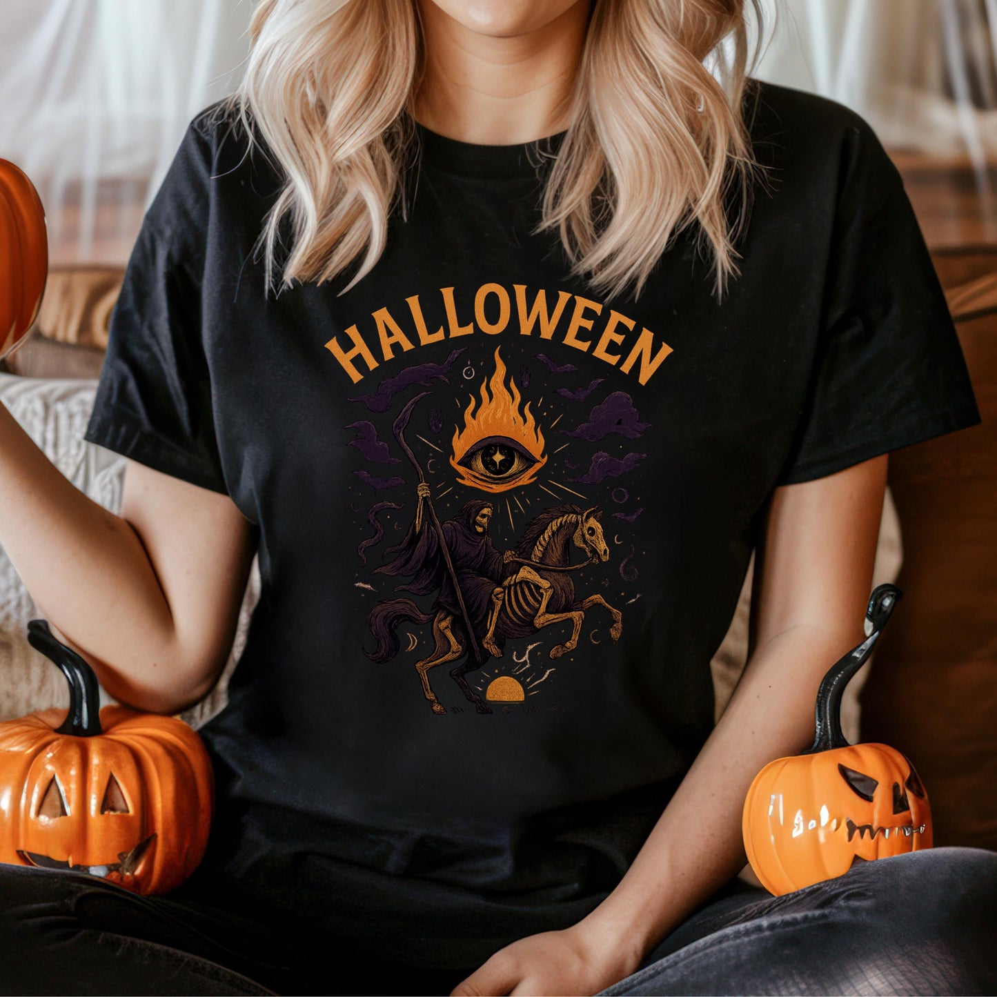 Gothic Skeleton Tee - Grim Reaper Design With Occult Eye Flames Shirt