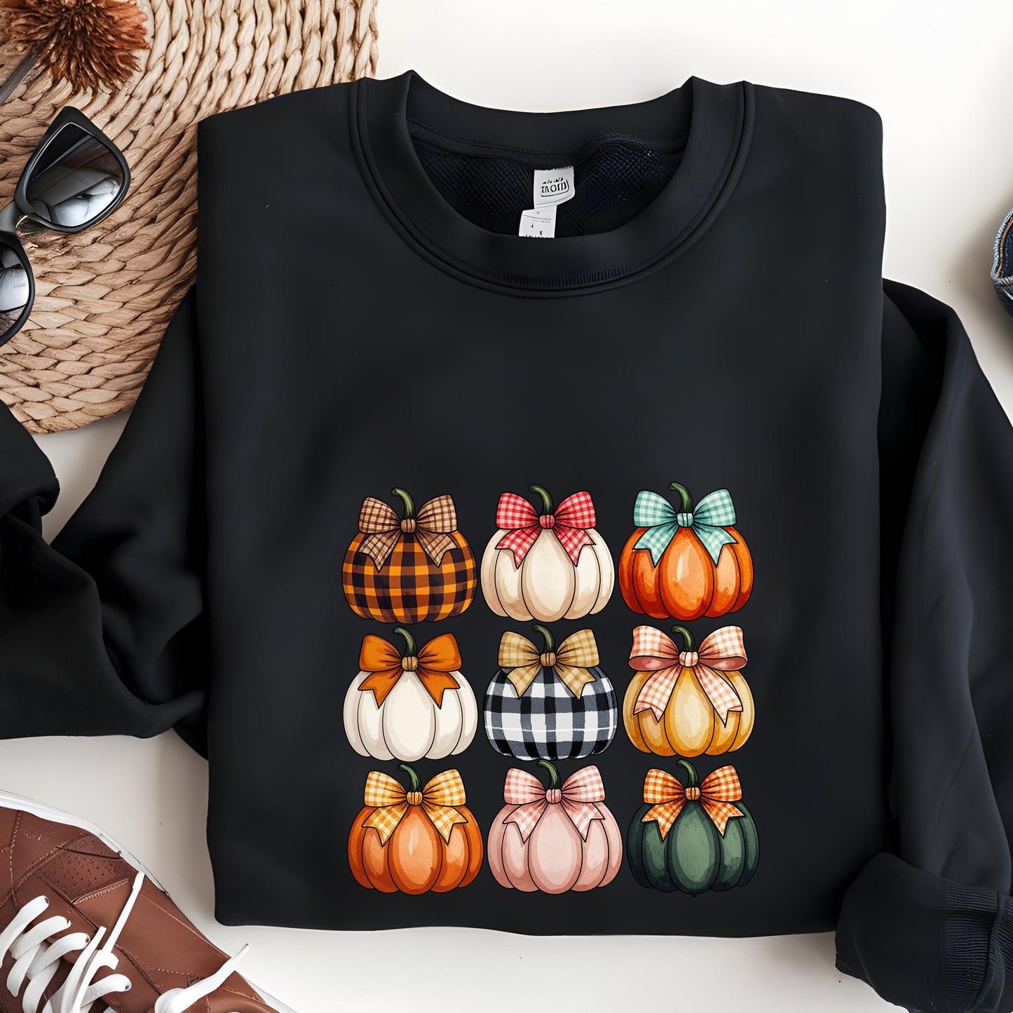 Plaid Pumpkin Sweatshirt – Cozy Autumn Crewneck With Gingham Bow Design