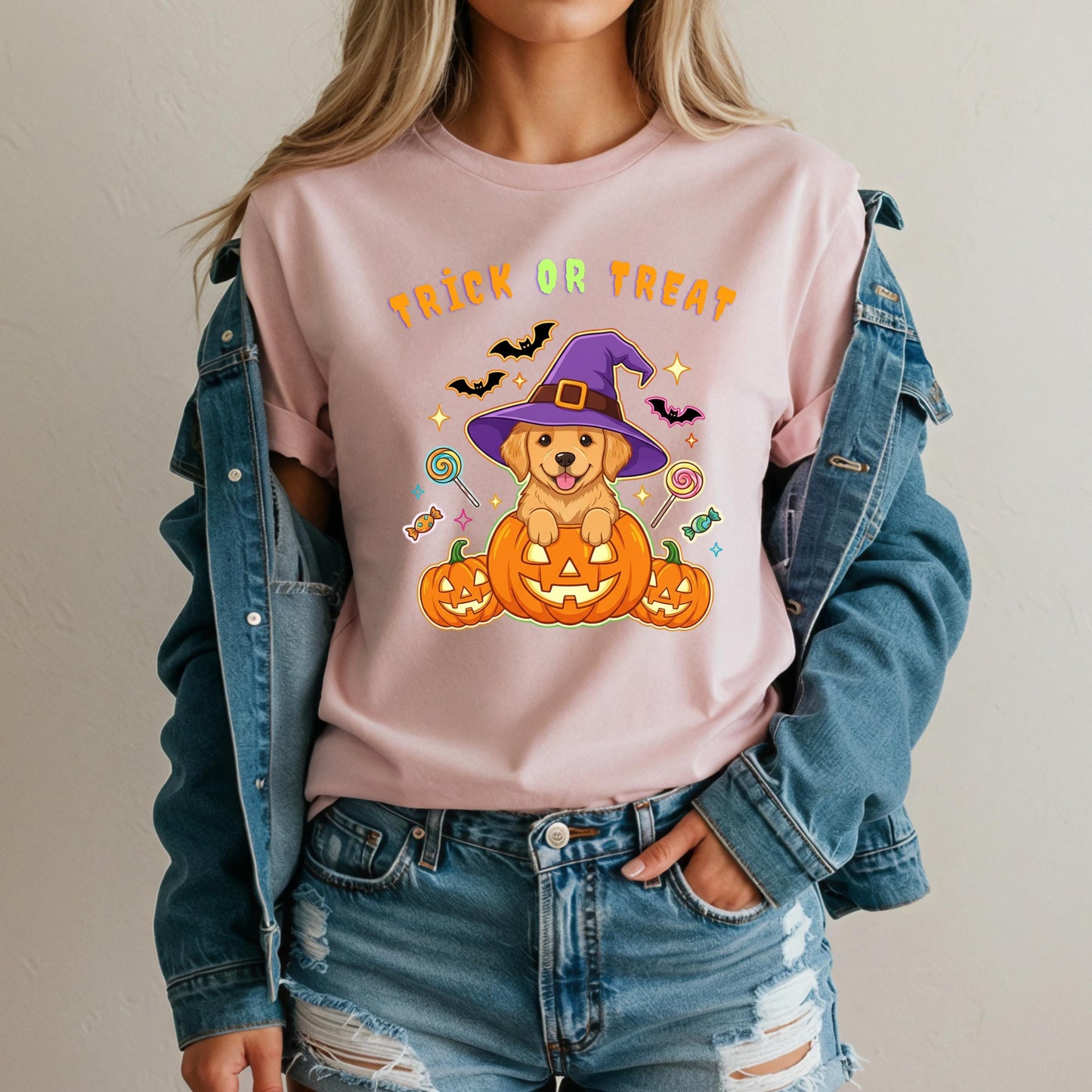 Halloween Puppy T-Shirt – Cute Golden Retriever Tee with Pumpkin & Witch Hat