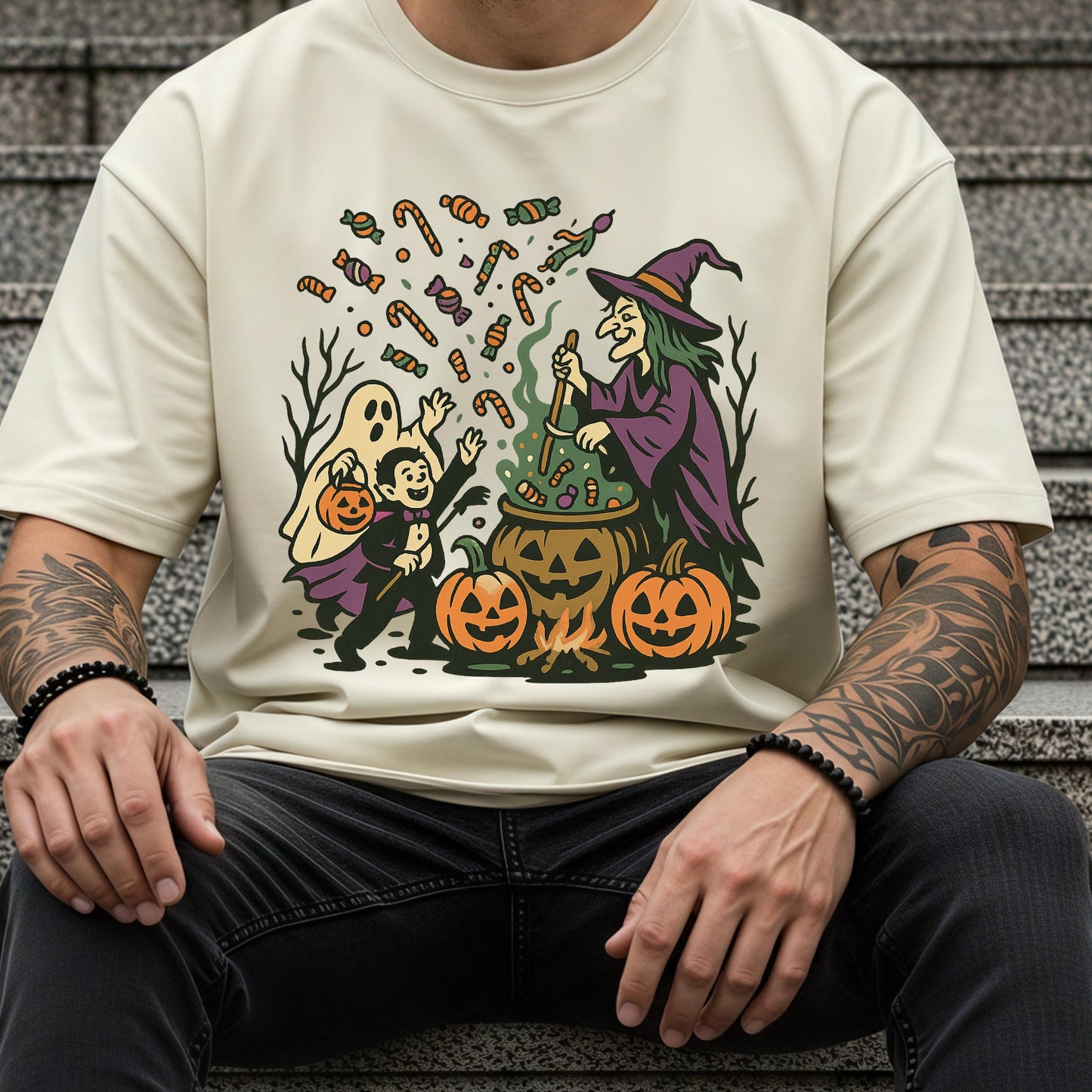 Halloween Witch Shirt – Cozy Cotton Tee With Witch Cauldron, Ghost & Vampire
