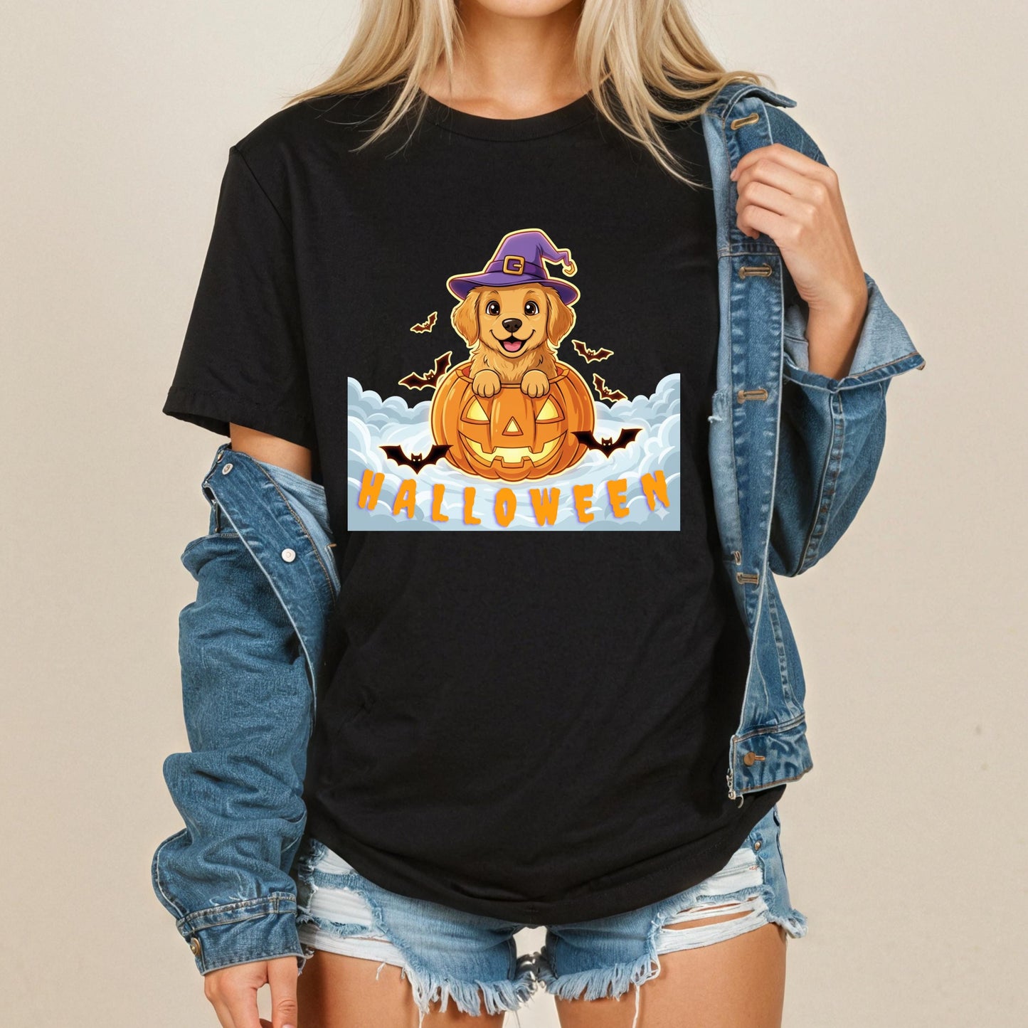 Golden Retriever Halloween Shirt – Cute Pumpkin Graphic Tee With Witch Hat