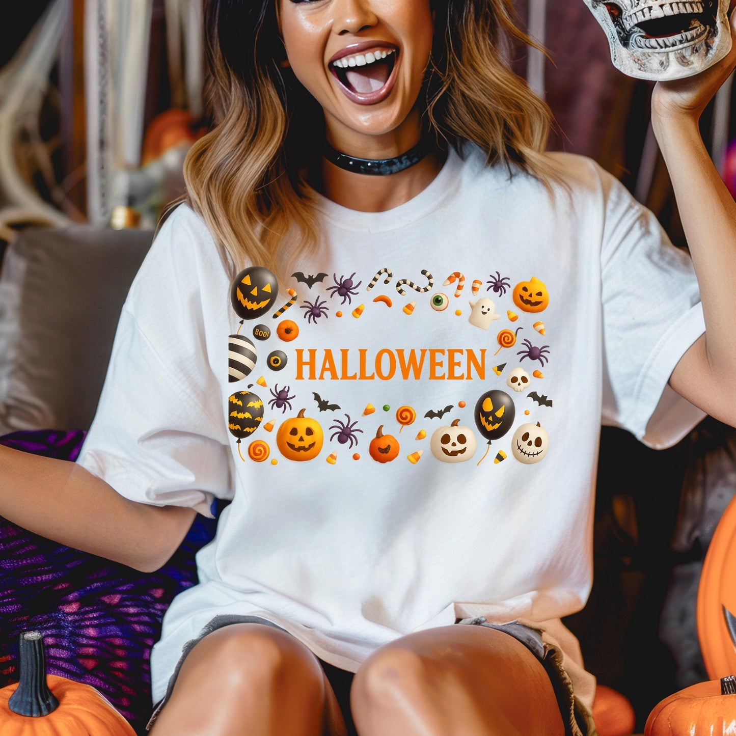 Halloween Graphic Tee - Unisex Pumpkin Orange Shirt With Ghost Bat Candy Design
