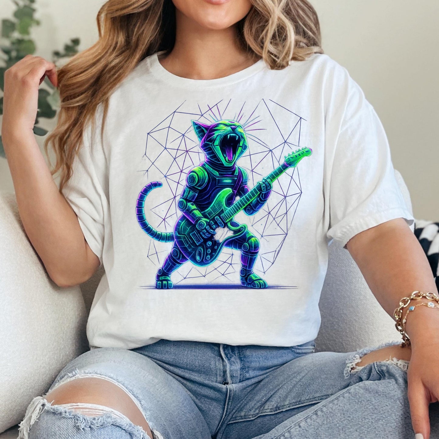 Cat Guitar Shirt – Retro Rock Graphic Tee | Unisex Cotton Shirt, Cool Cat Print