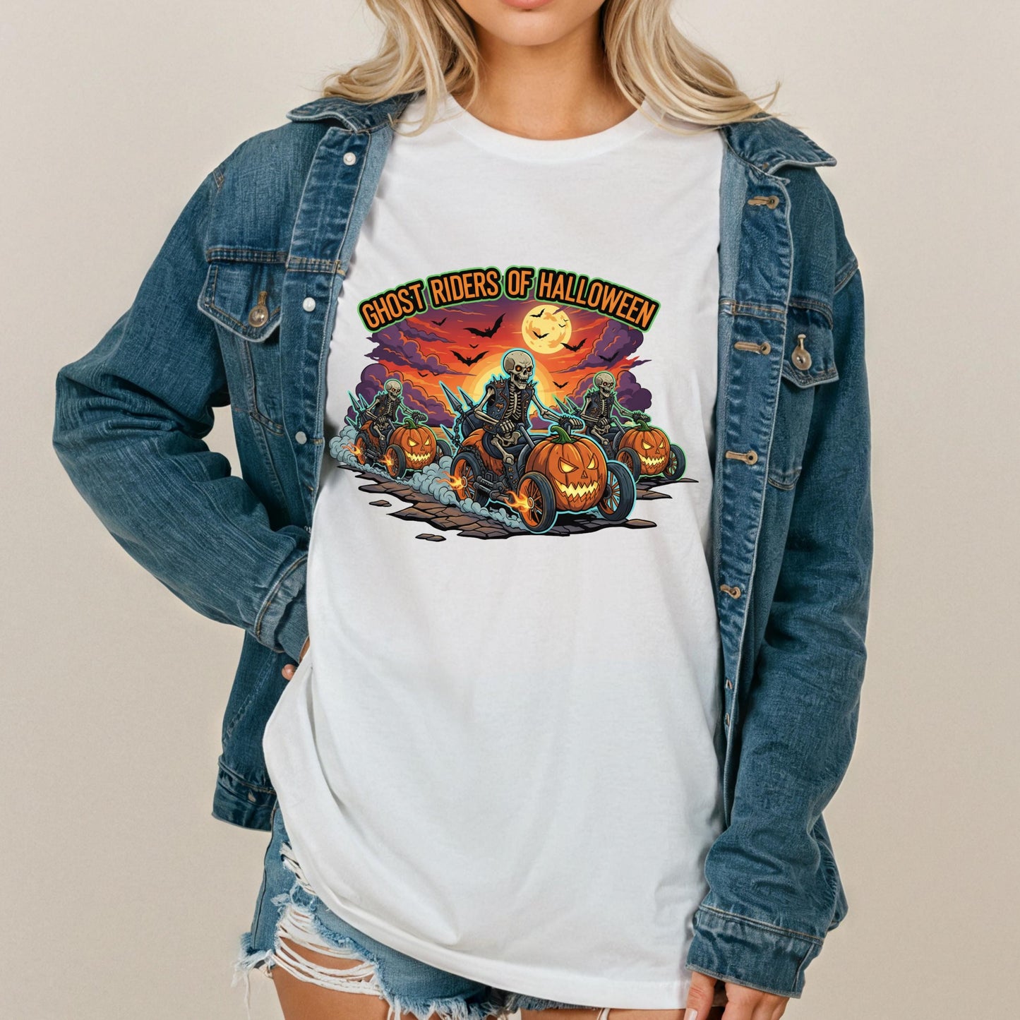 Halloween Biker T-Shirt – Skeleton Biker Shirt With Pumpkin Motorcycle Tee