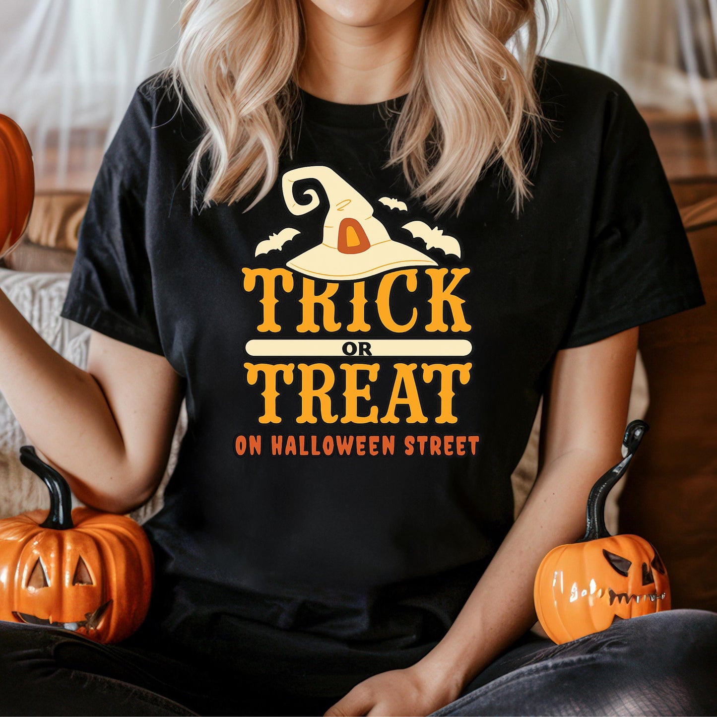 Halloween Graphic Tee – Vintage Witch Hat Shirt With Bats Outline | Cozy Fall Shirt