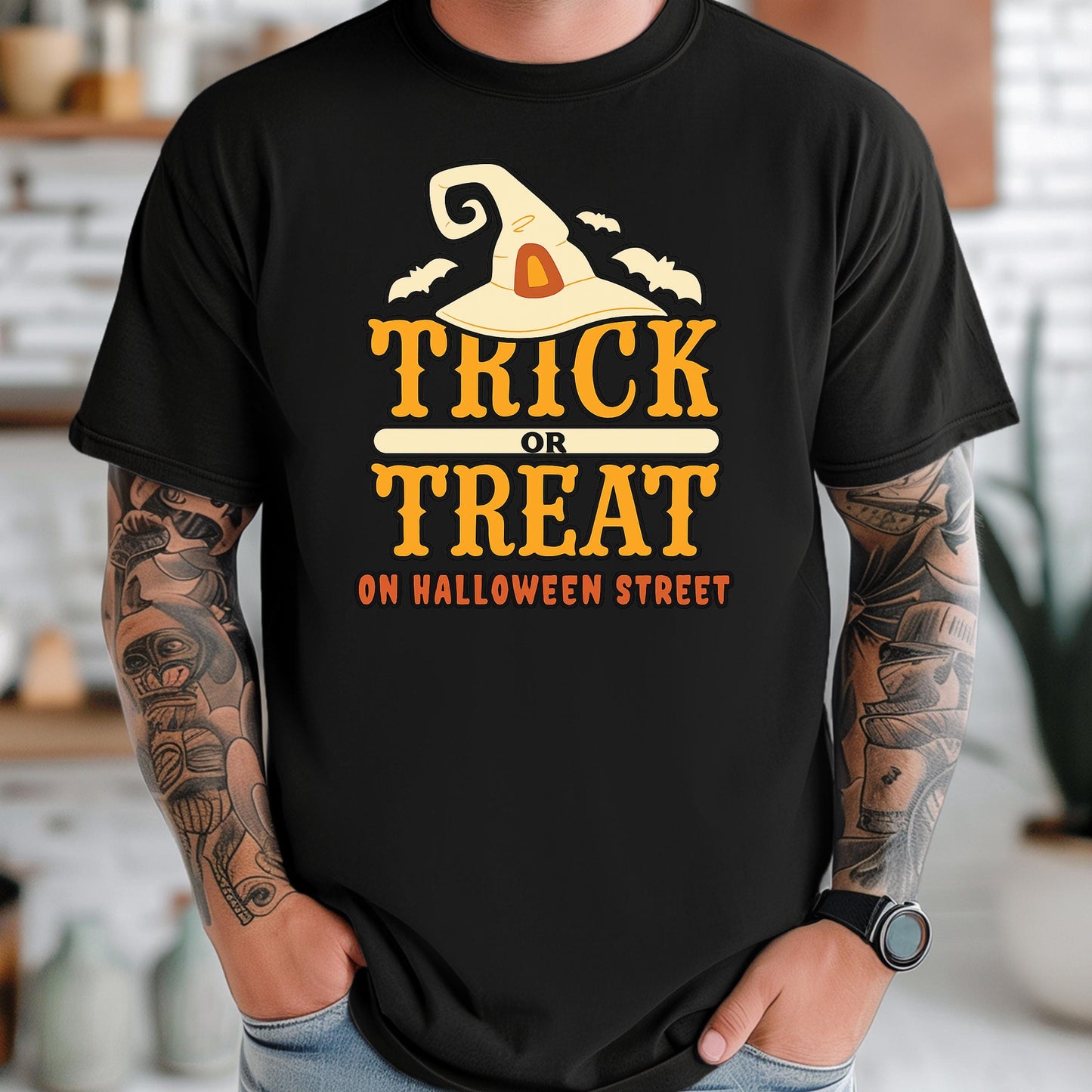 Halloween Graphic Tee – Vintage Witch Hat Shirt With Bats Outline | Cozy Fall Shirt