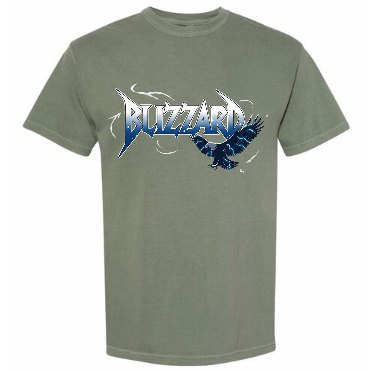 A gray t-shirt with a graphic design featuring the word "BUZZARD" and an illustration of a bird in flight.