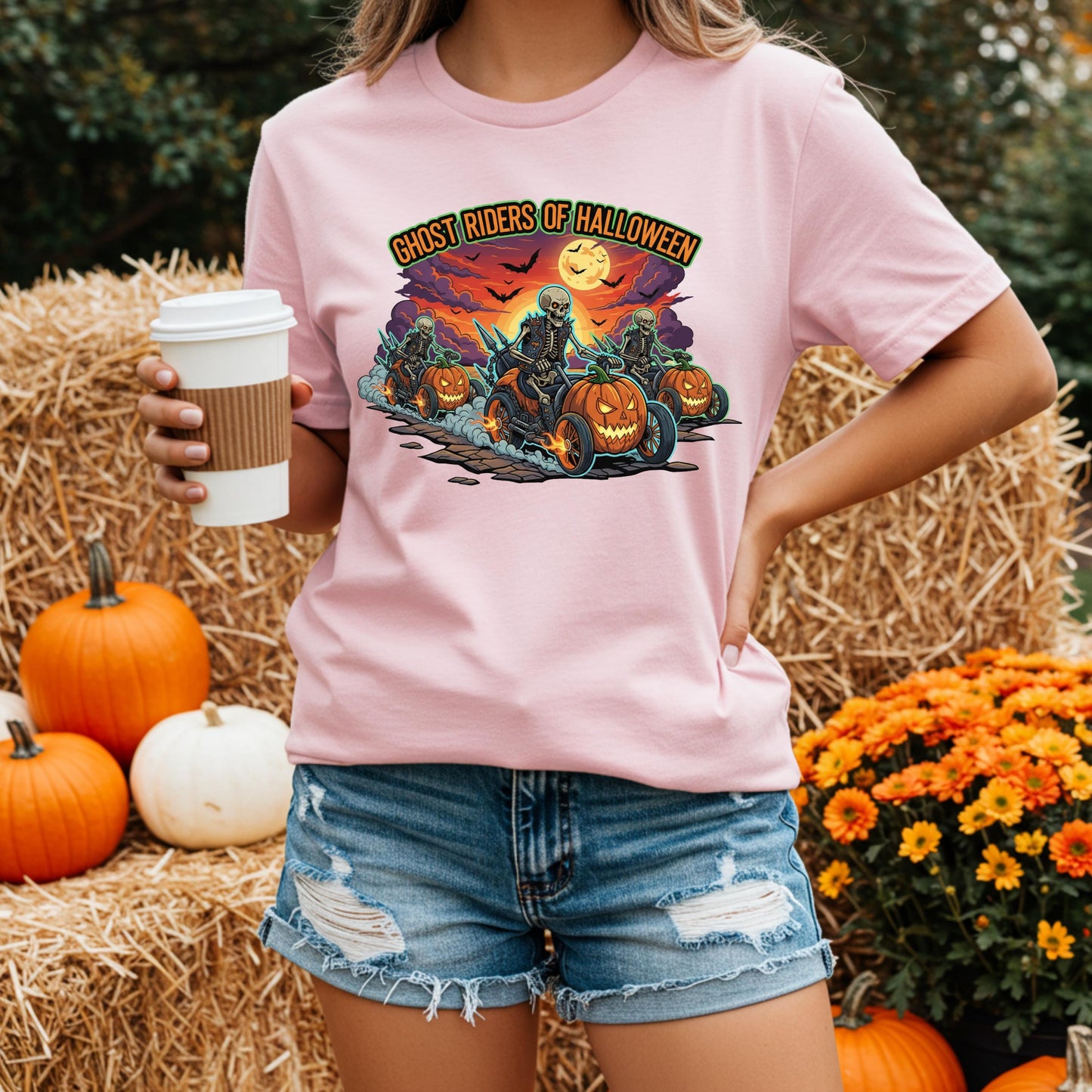 Halloween Biker T-Shirt – Skeleton Biker Shirt With Pumpkin Motorcycle Tee