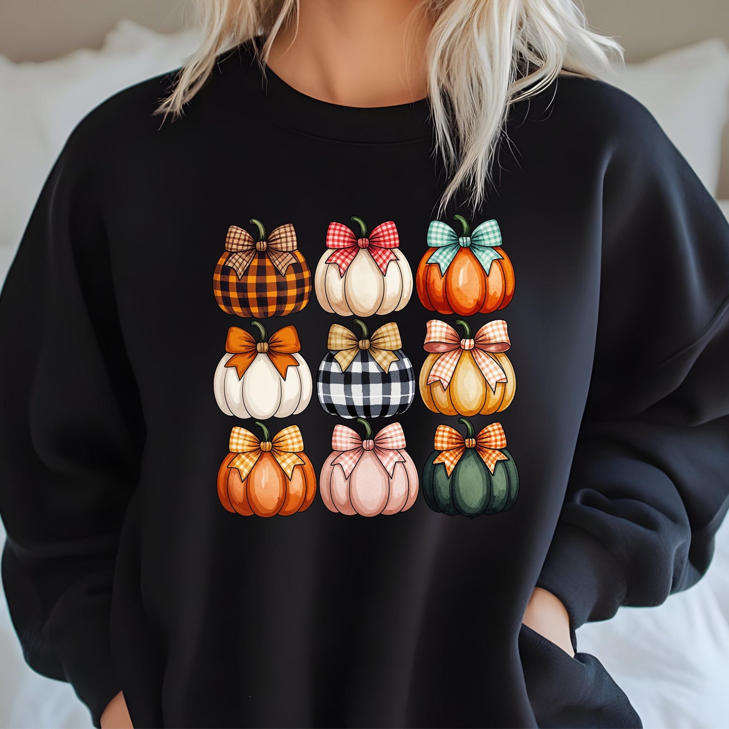 Plaid Pumpkin Sweatshirt – Cozy Autumn Crewneck With Gingham Bow Design