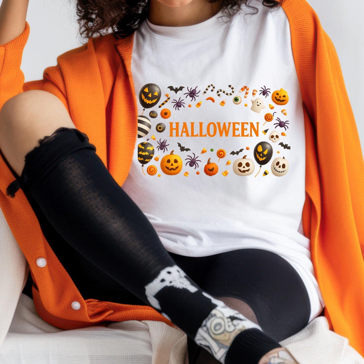 Halloween Graphic Tee - Unisex Pumpkin Orange Shirt With Ghost Bat Candy Design