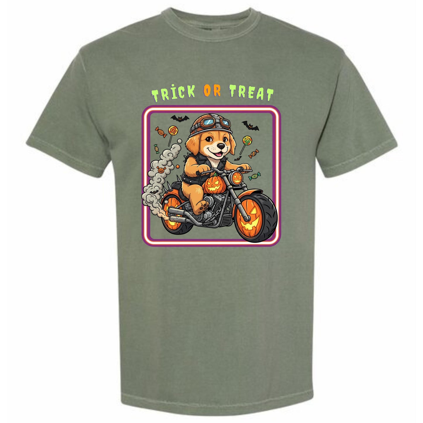 A t-shirt design featuring a cartoon dog riding a motorcycle with a trick or treat theme.