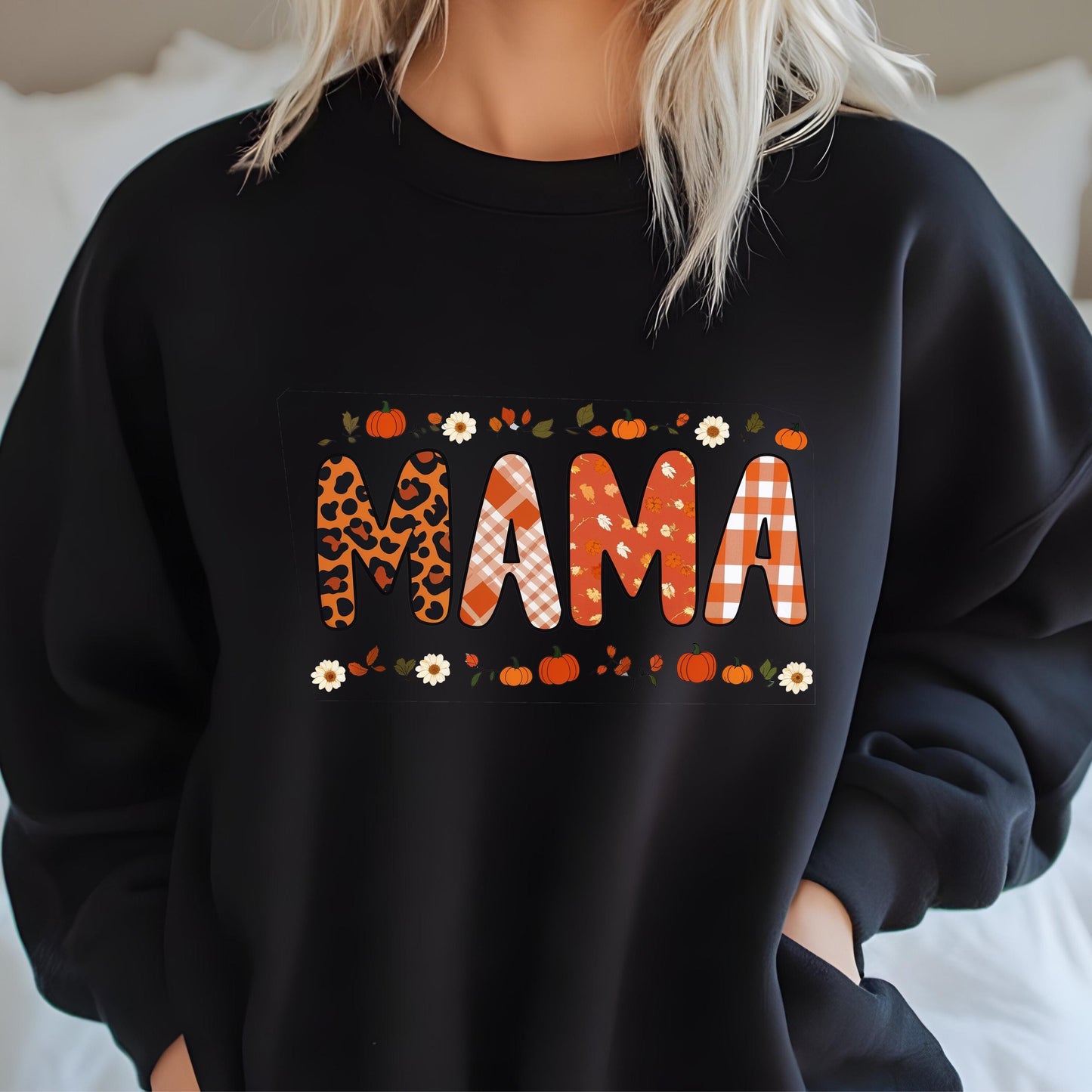 Fall Mama Sweatshirt – Cozy Pumpkin Plaid Leopard Print Crewneck Sweater