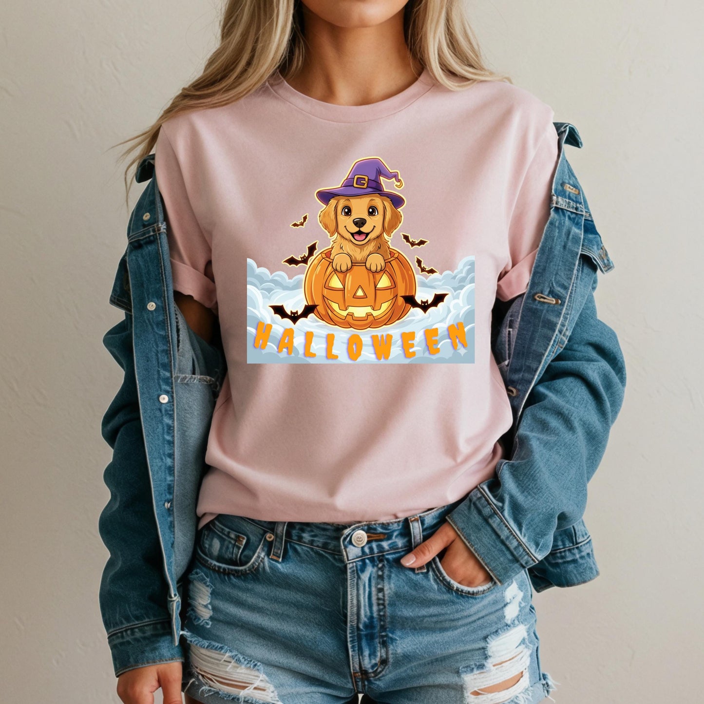 Golden Retriever Halloween Shirt – Cute Pumpkin Graphic Tee With Witch Hat