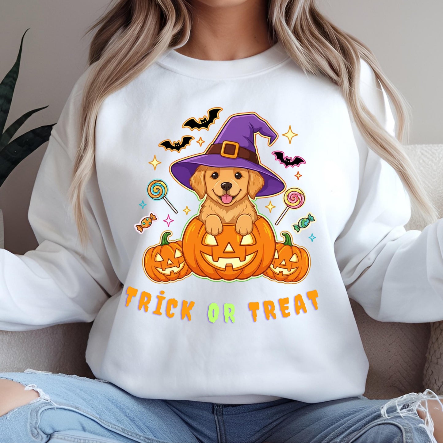 Halloween Puppy Sweatshirt – Cozy Fall Dog Shirt with Golden Retriever Pumpkin Design