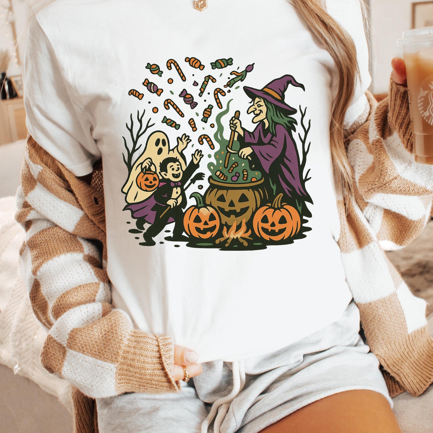 Halloween Witch Shirt – Cozy Cotton Tee With Witch Cauldron, Ghost & Vampire