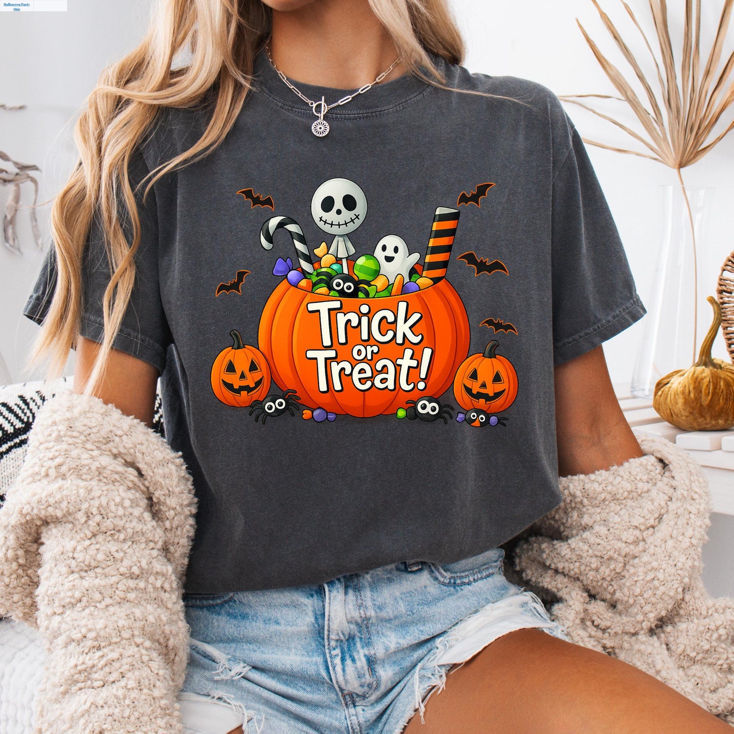 Trick Or Treat Shirt – Halloween Pumpkin Shirt With Ghost & Skull Candy Bucket Tee