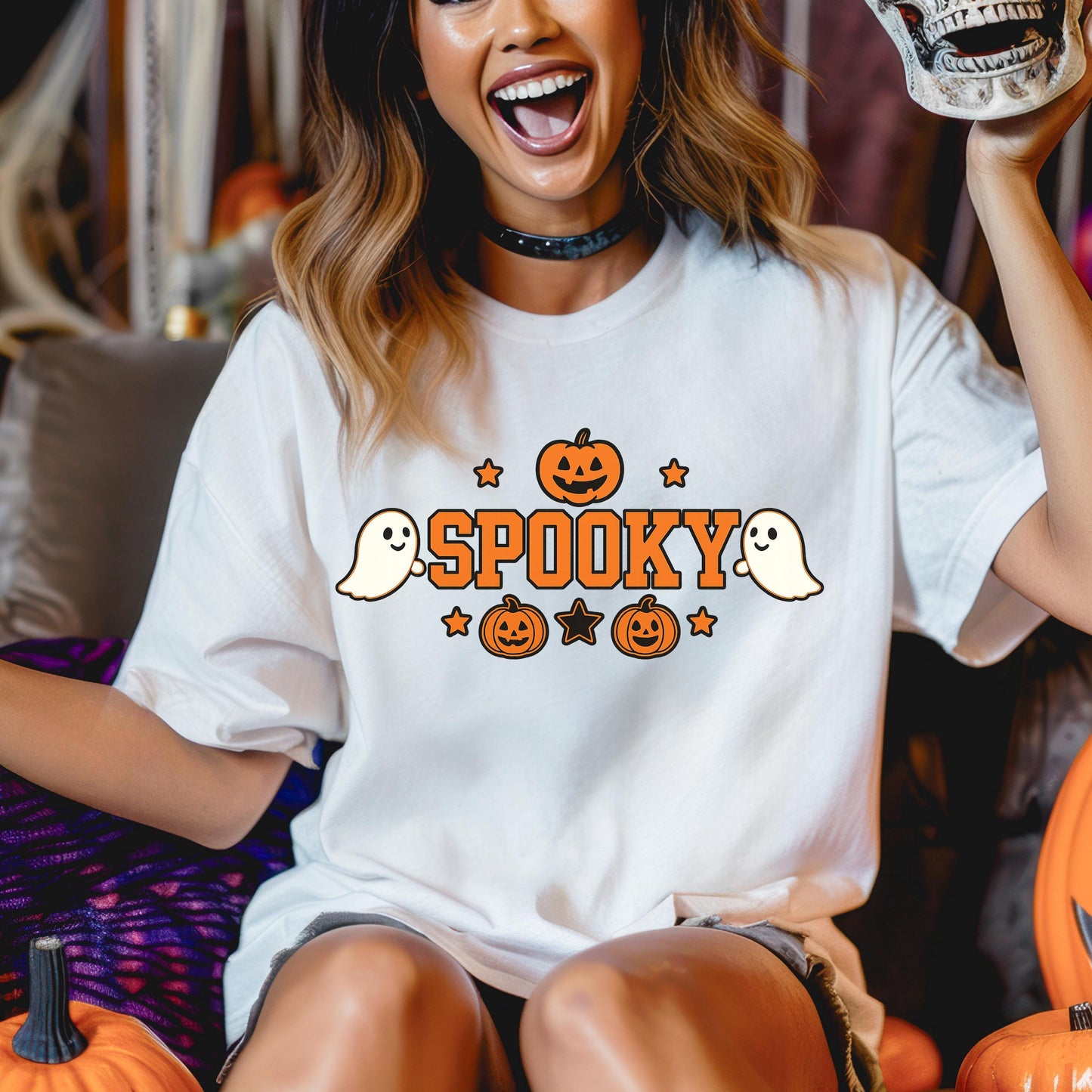 Spooky Ghost Pumpkin Tee – Retro Halloween Shirt | Soft Cotton Unisex Tee
