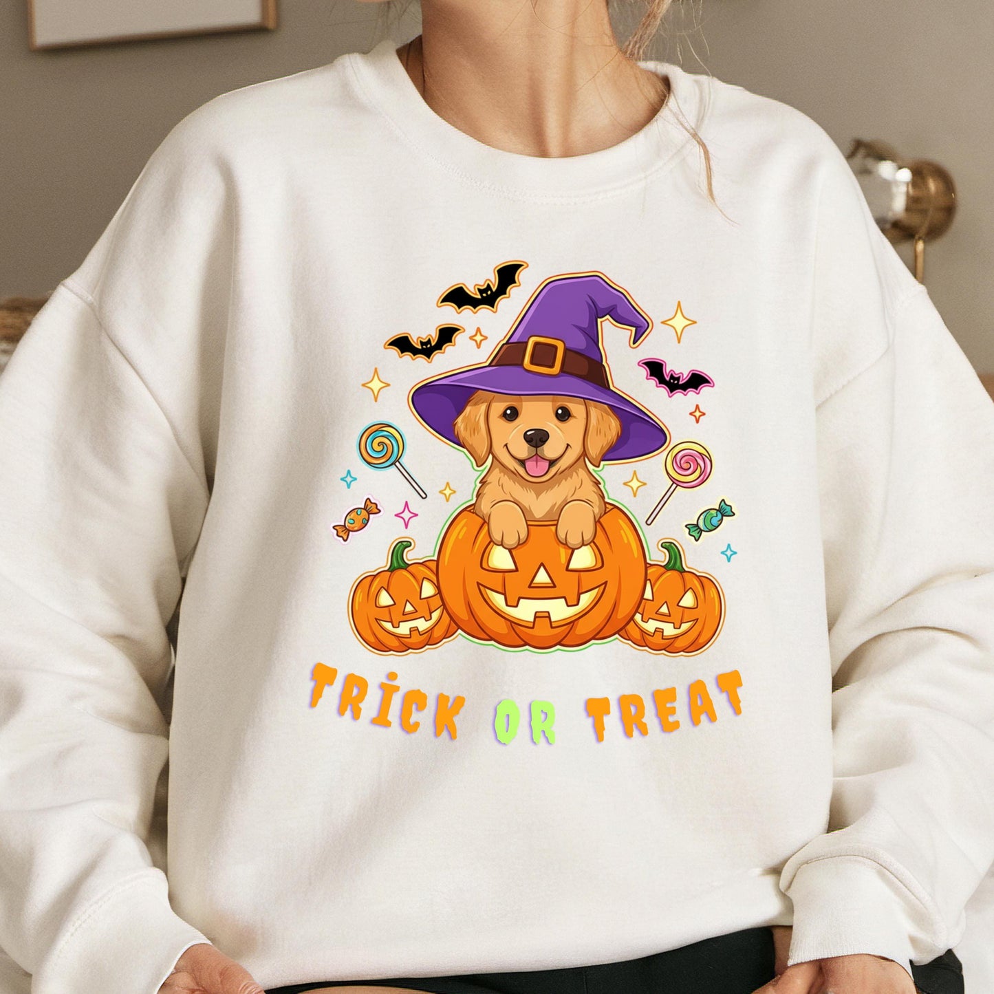 Halloween Puppy Sweatshirt – Cozy Fall Dog Shirt with Golden Retriever Pumpkin Design