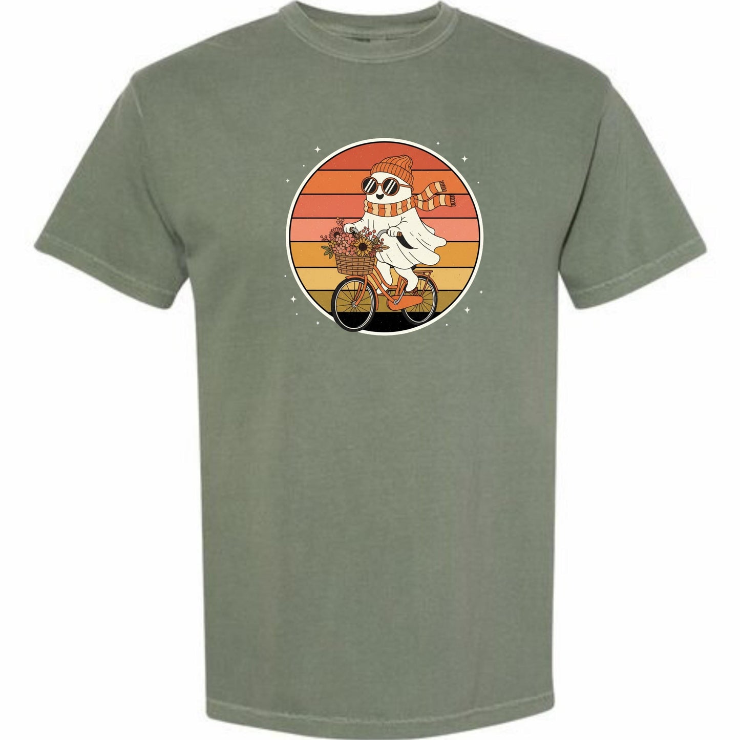 A t-shirt with a graphic design depicting a ghost riding a bicycle, holding a basket of flowers.