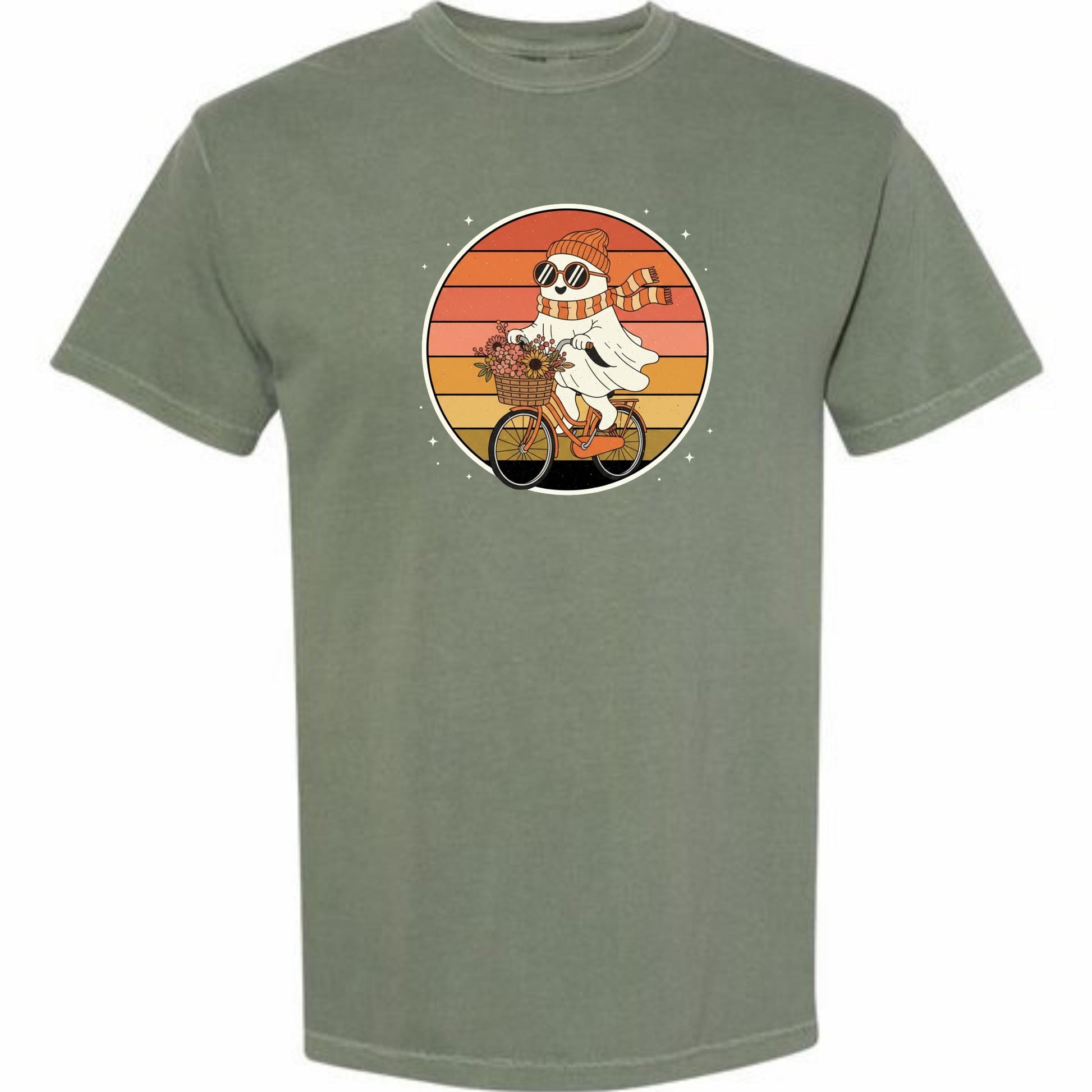 A t-shirt with a graphic design depicting a ghost riding a bicycle, holding a basket of flowers.