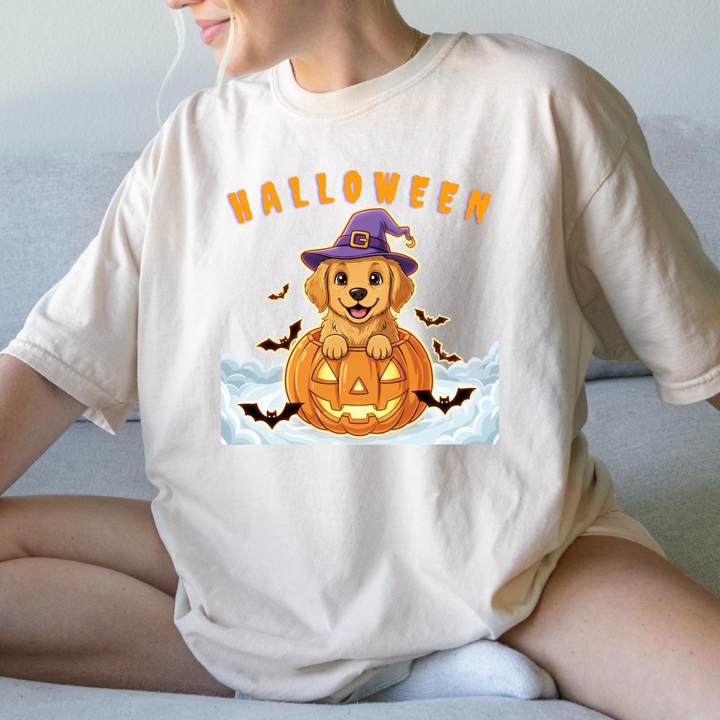 Halloween Puppy T-Shirt – Cute Pumpkin Dog T-Shirt With Golden Retriever & Witch Hat