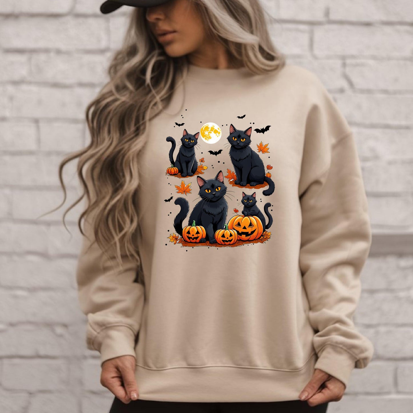 Black Cat Sweatshirt – Cozy Halloween Crewneck With Pumpkin Bat Graphics