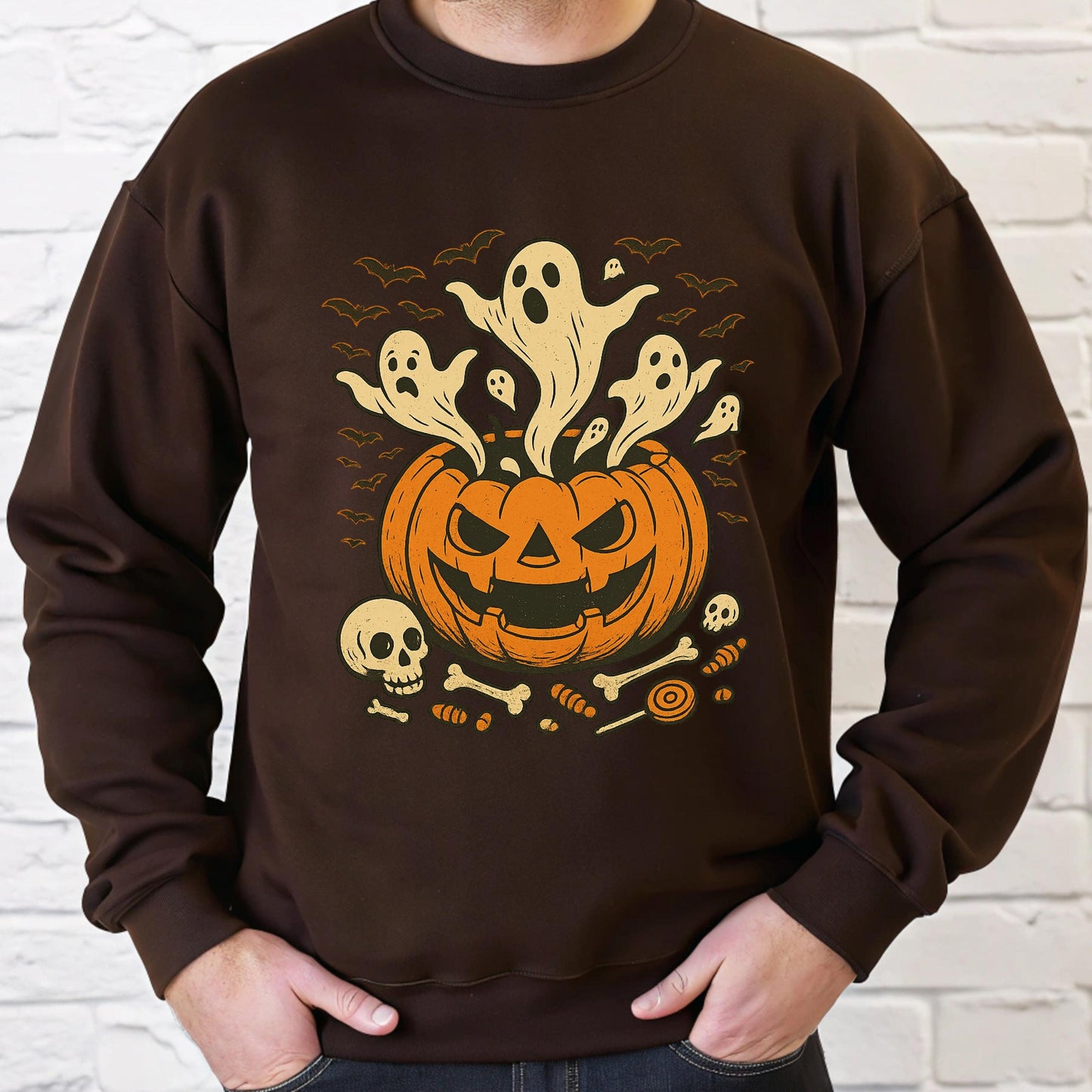 Spooky Halloween Hoodie – Cozy Autumn Hoodie With Bat And Skull Print