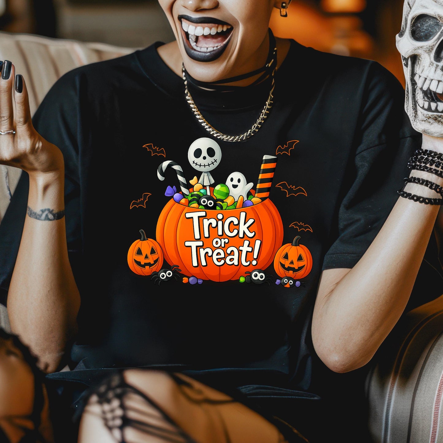 Trick Or Treat Shirt – Halloween Pumpkin Shirt With Ghost & Skull Candy Bucket Tee