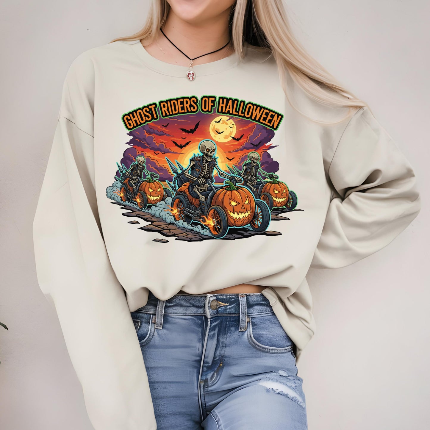 Halloween Sweatshirt – Spooky Biker Sweater With Skeleton Rider Design