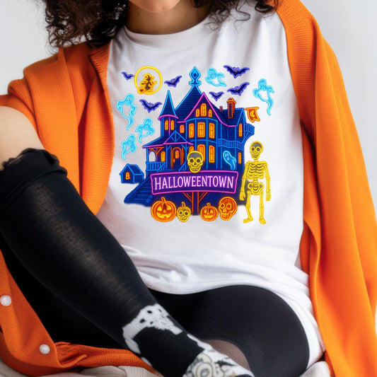 Neon Halloweentown T-Shirt – Glow In Dark Haunted House Graphic Tee